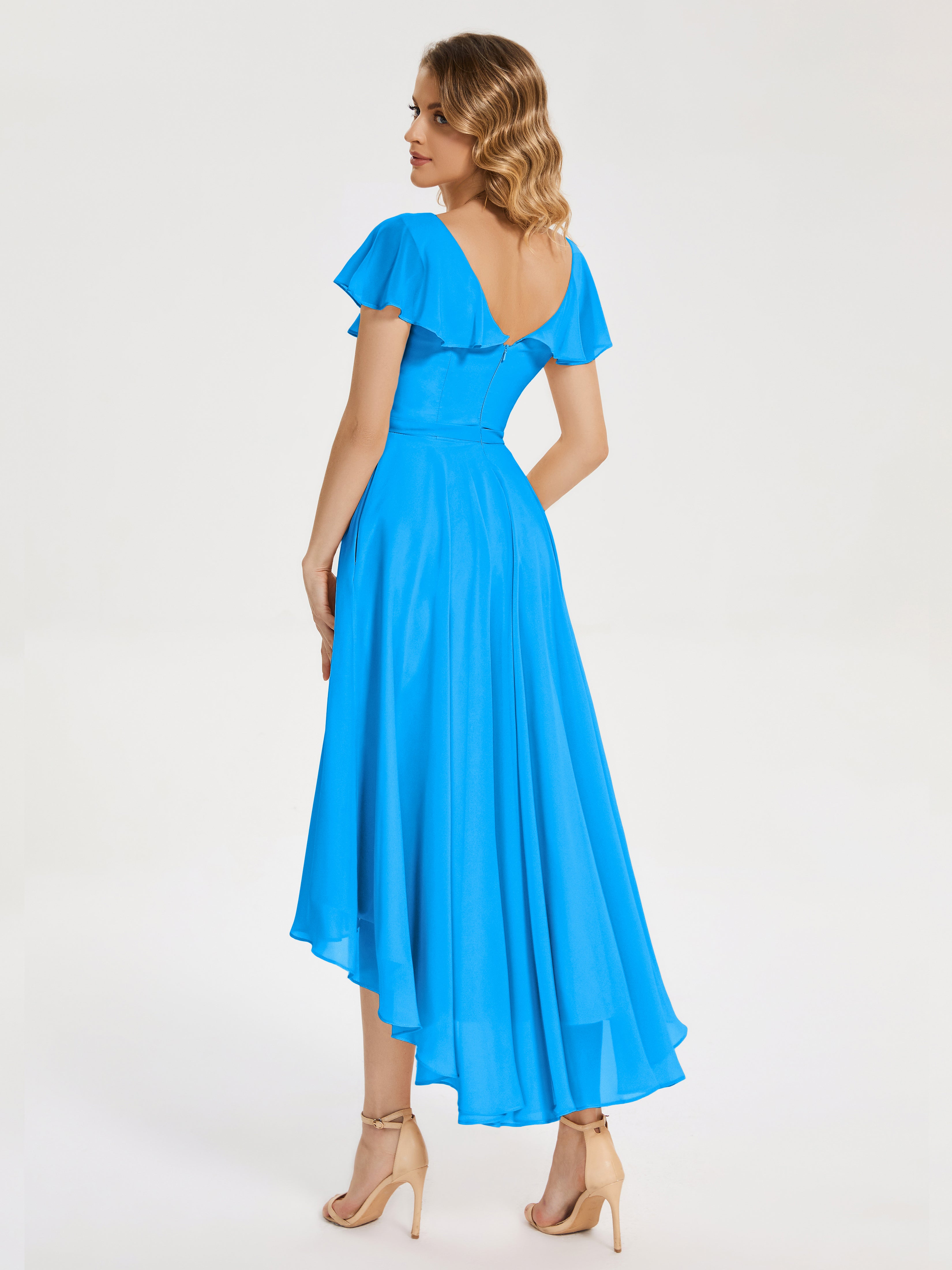 Robes De Demoiselle D'Honneur Bleu Océan Col V Asymétrique Robes Demoiselle D'Honneur À Volants