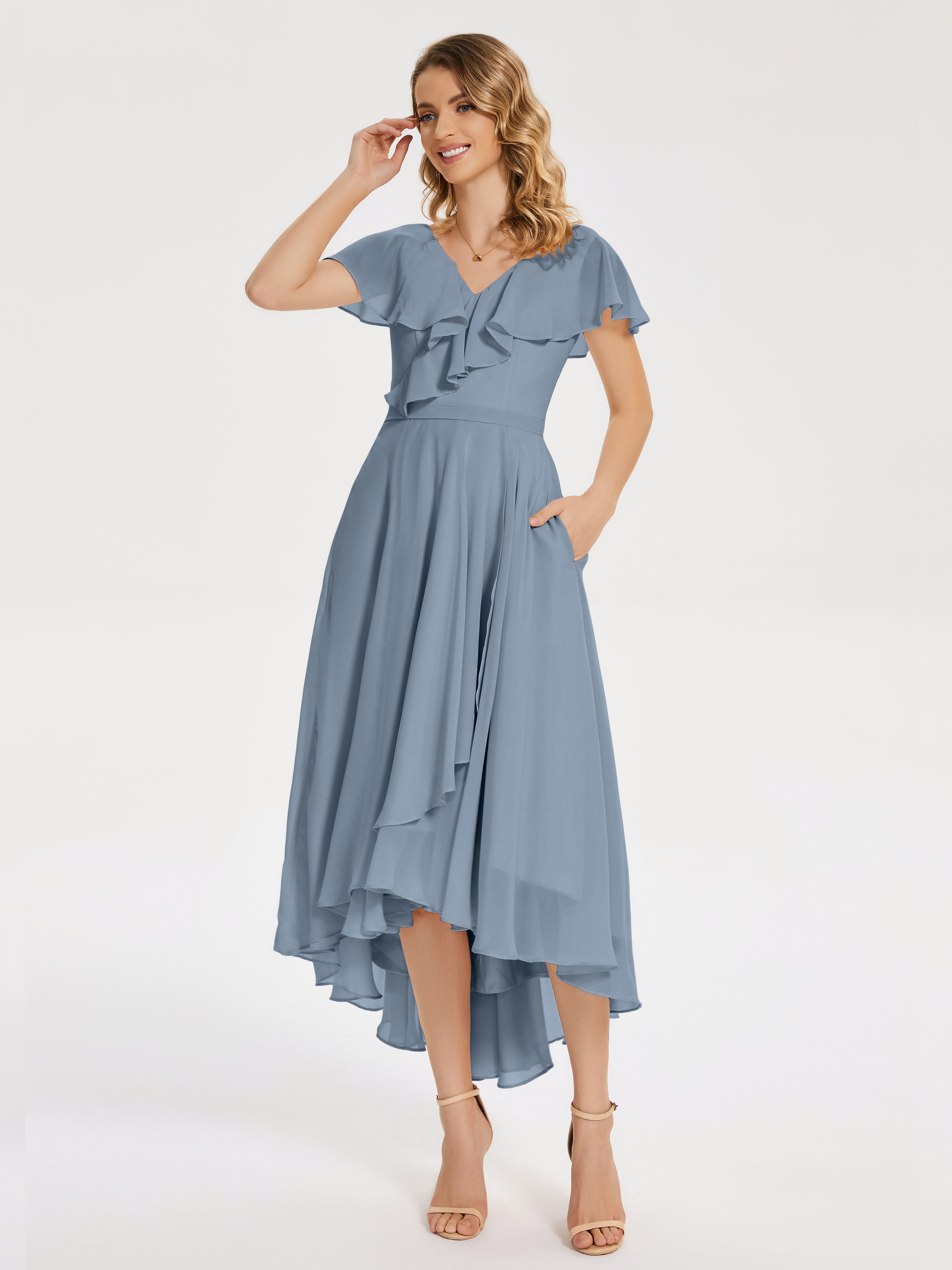 Robes De Demoiselle D'Honneur Bleu Gris Col V Asymétrique Robes Demoiselle D'Honneur À Volants