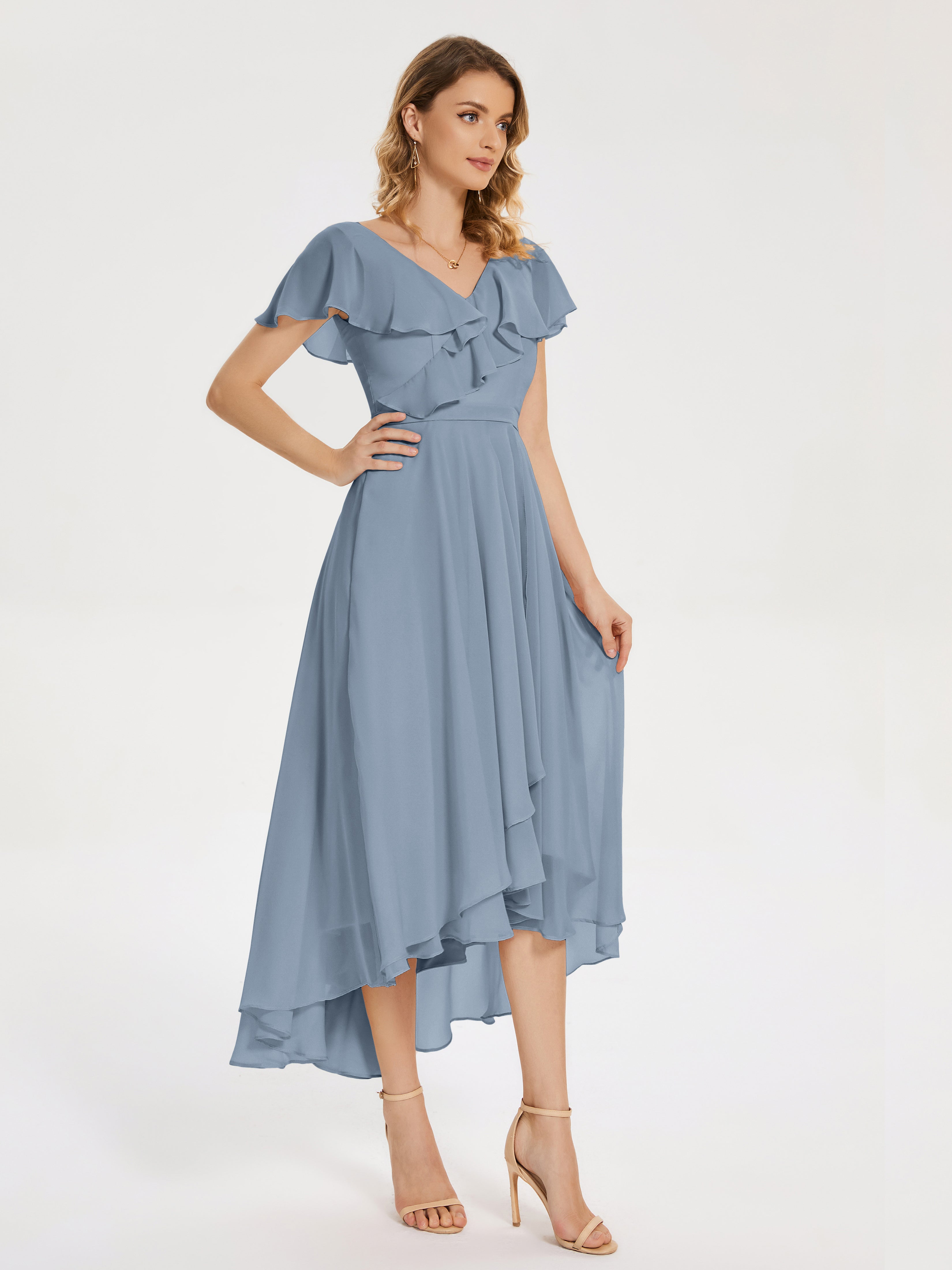 Robes De Demoiselle D'Honneur Bleu Gris Col V Asymétrique Robes Demoiselle D'Honneur À Volants