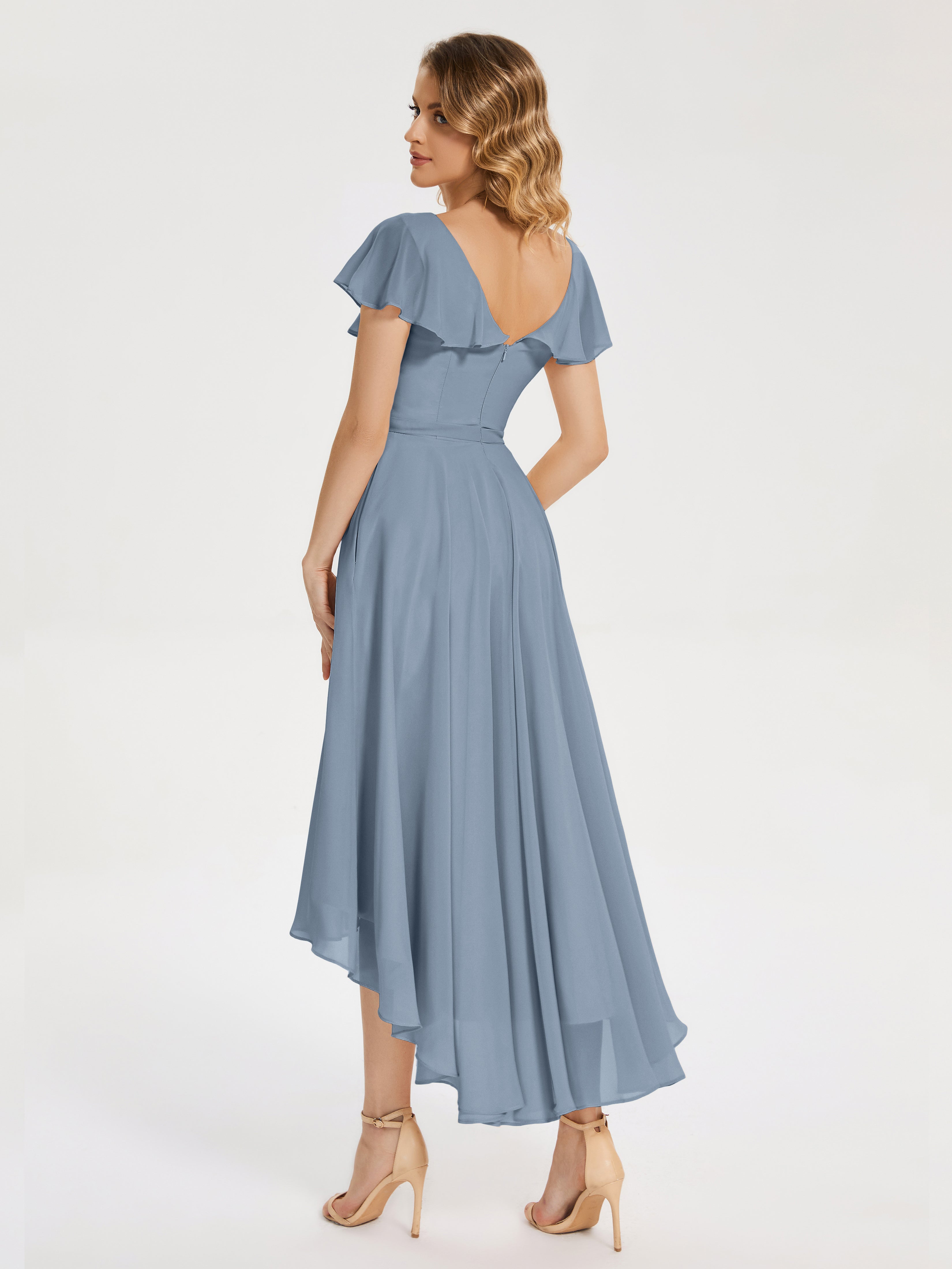 Robes De Demoiselle D'Honneur Bleu Gris Col V Asymétrique Robes Demoiselle D'Honneur À Volants