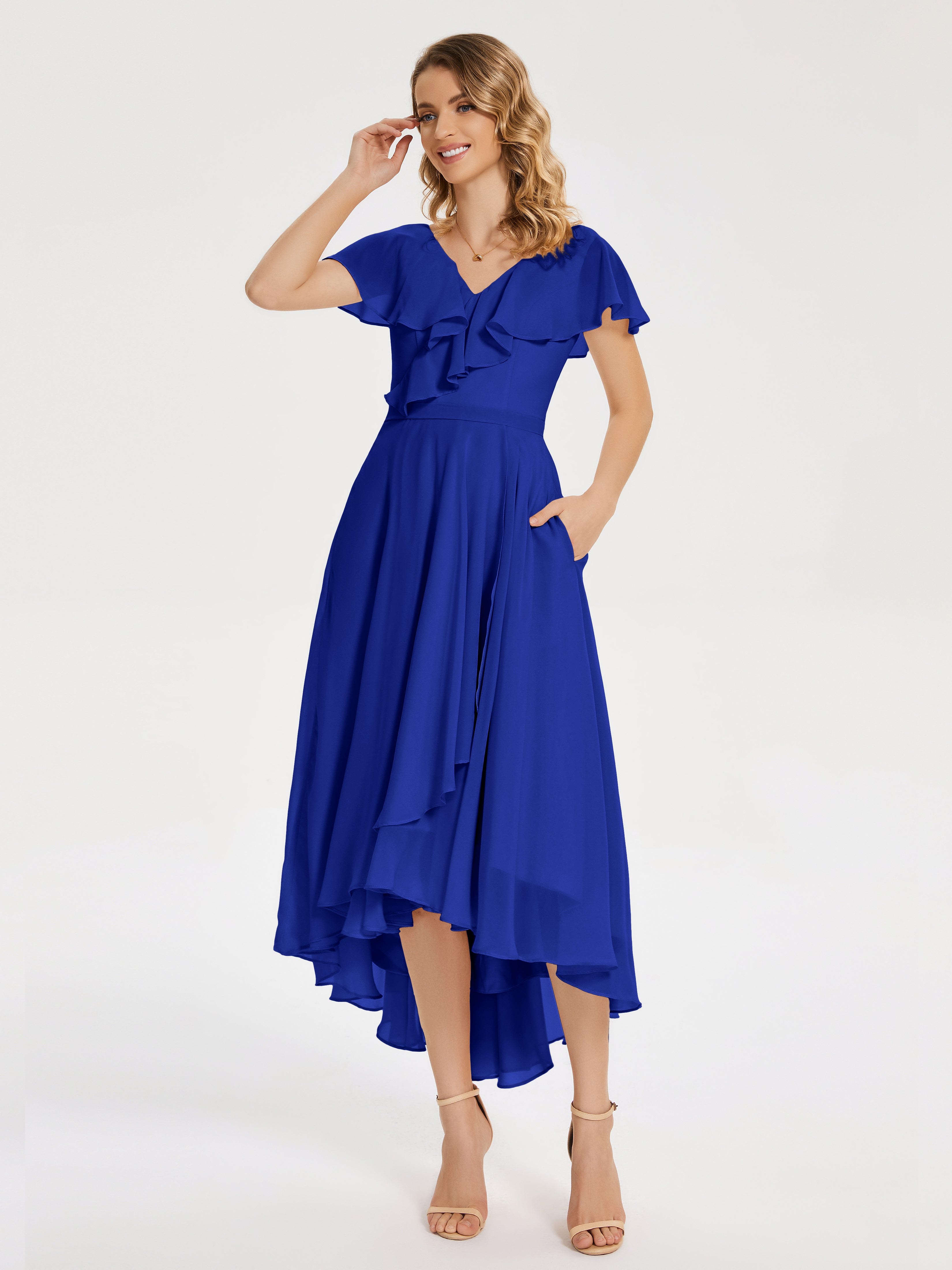 Bleu Royal Robe Demoiselle D Honneur Bleu Roi Col V Asymétrique Robes Demoiselle D'Honneur À Volants