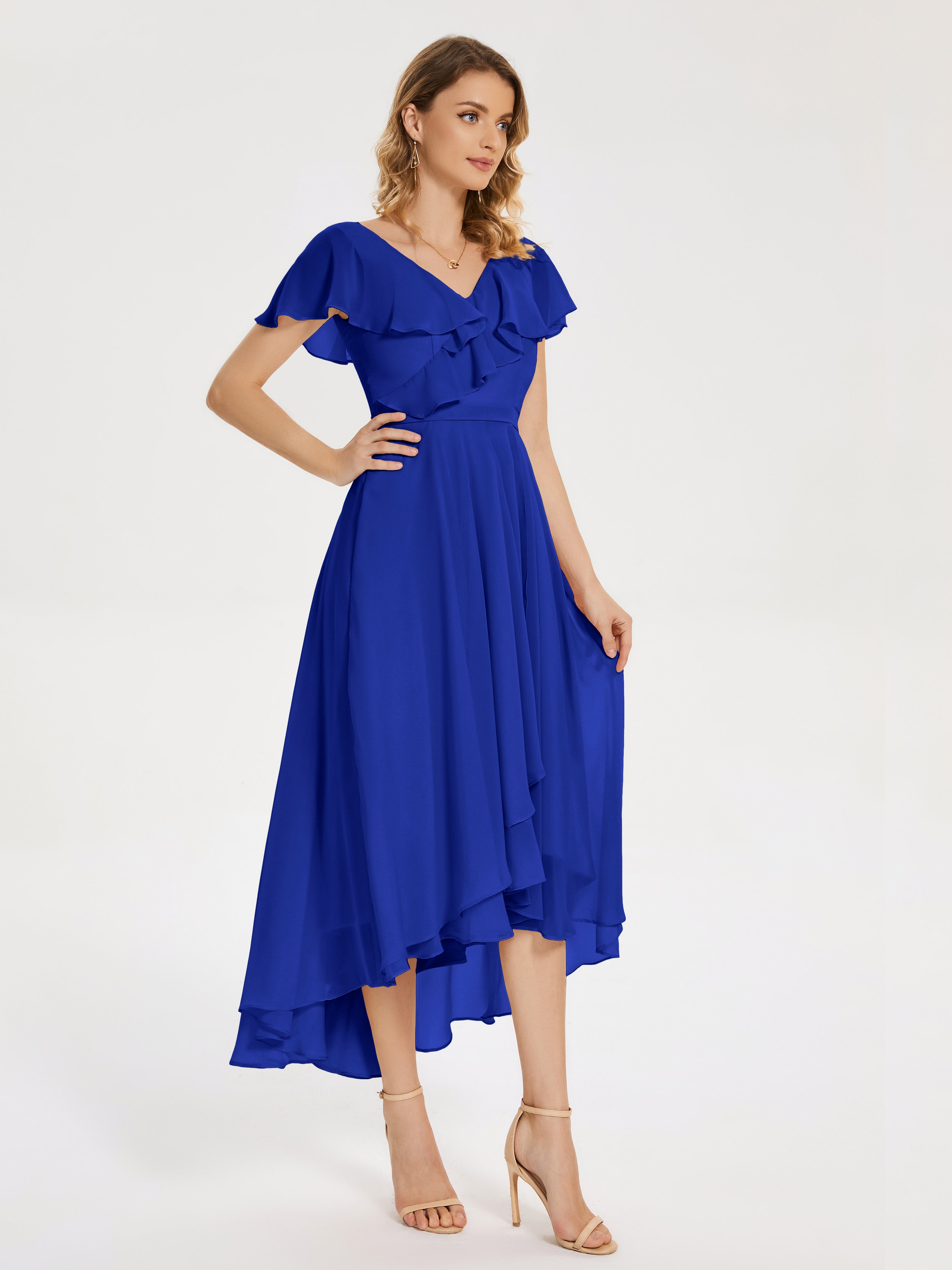 Bleu Royal Robe Demoiselle D Honneur Bleu Roi Col V Asymétrique Robes Demoiselle D'Honneur À Volants