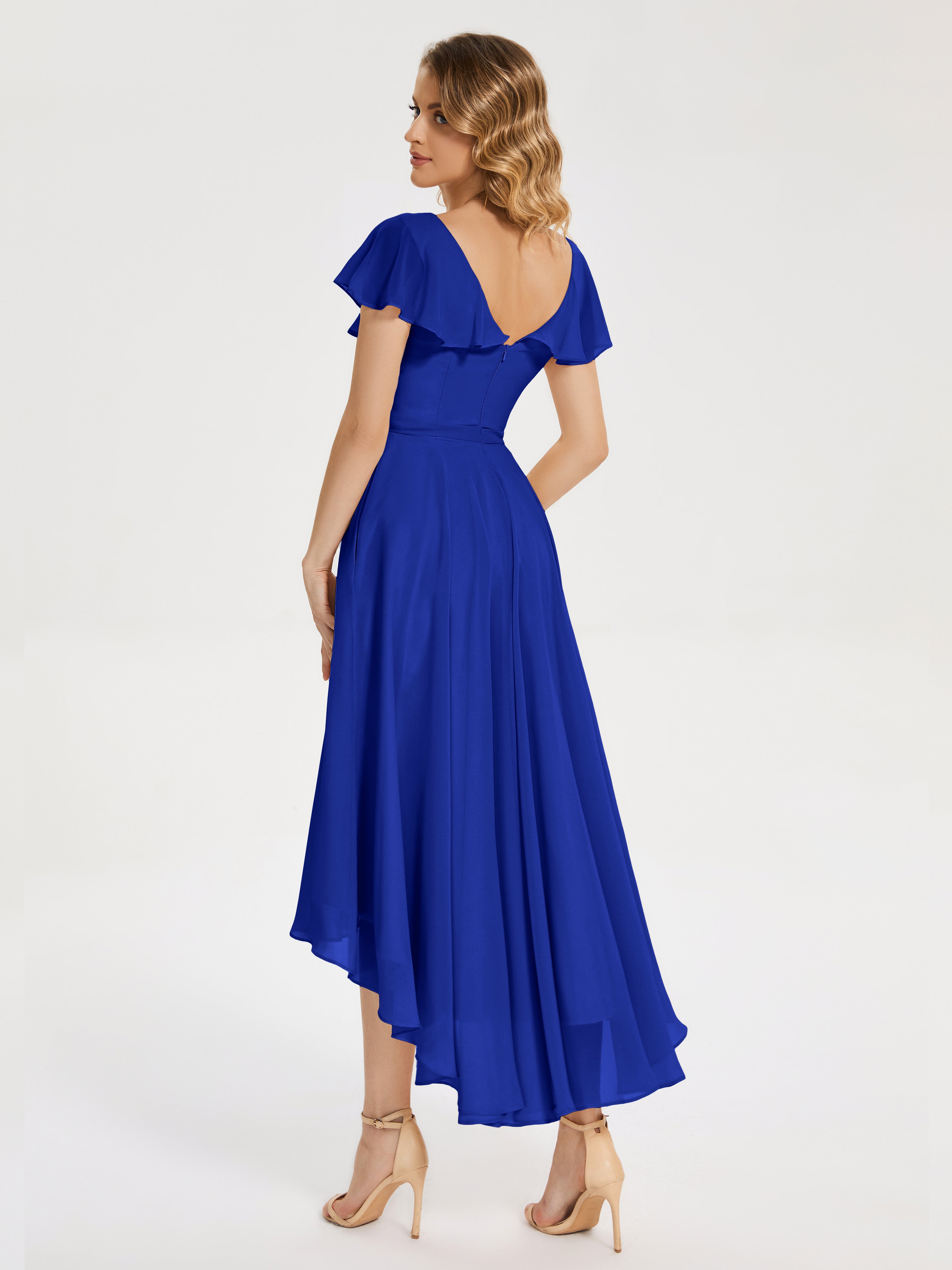 Bleu Royal Robe Demoiselle D Honneur Bleu Roi Col V Asymétrique Robes Demoiselle D'Honneur À Volants