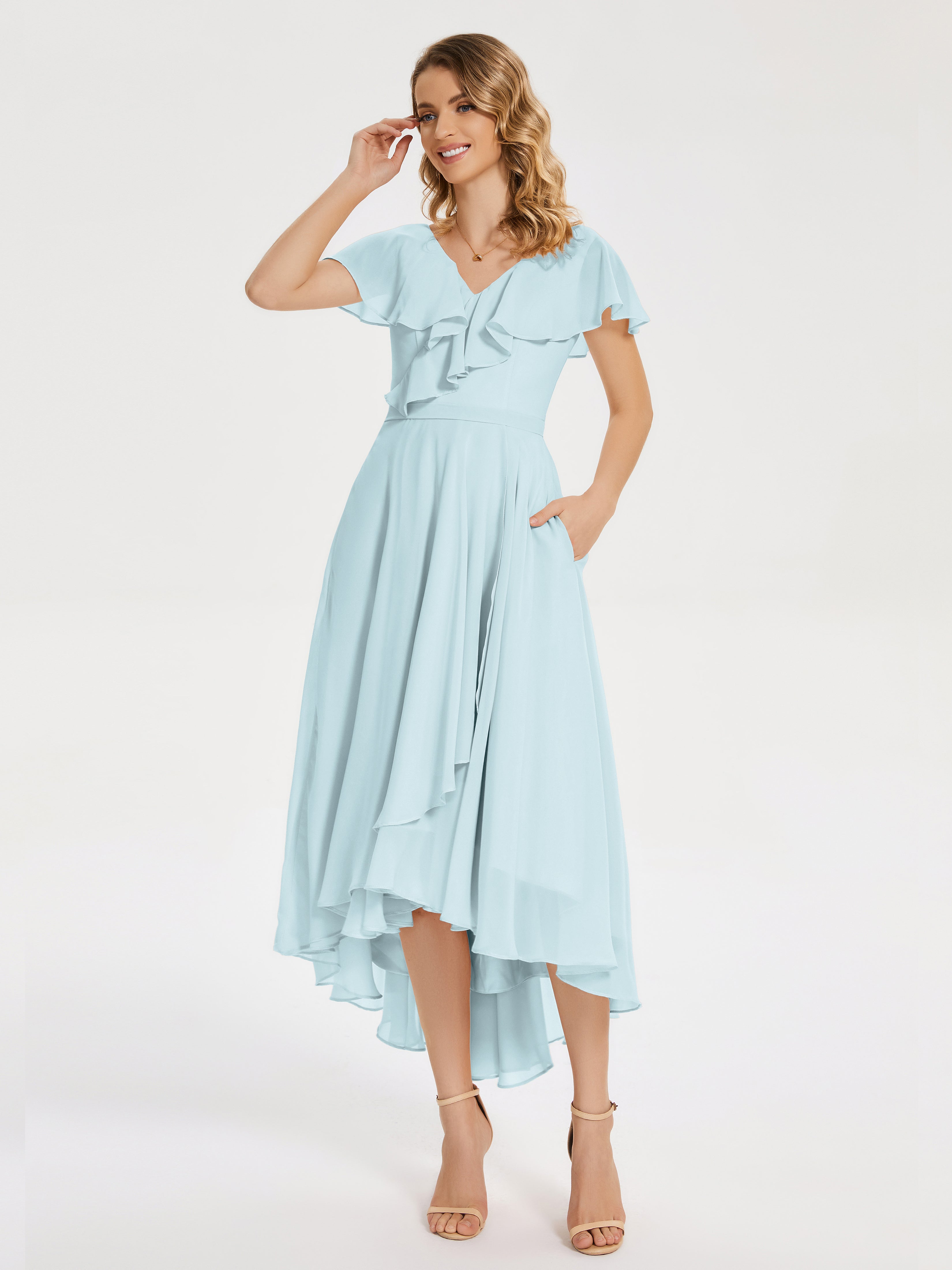 Robe De Demoiselle D'Honneur Brume Col V Asymétrique Robes Demoiselle D'Honneur À Volants