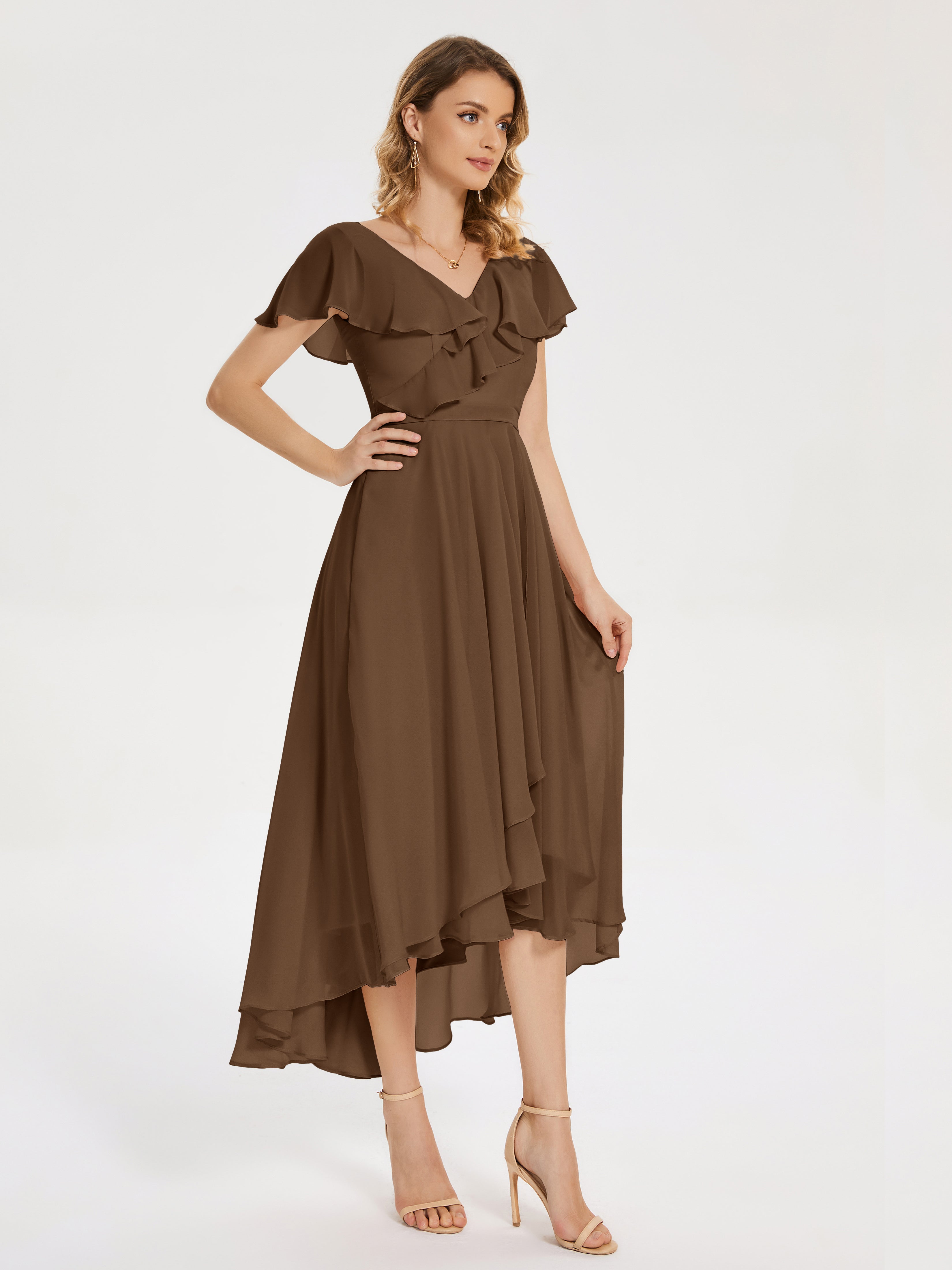 Robe Demoiselle D Honneur Brun Col V Asymétrique Robes Demoiselle D'Honneur À Volants