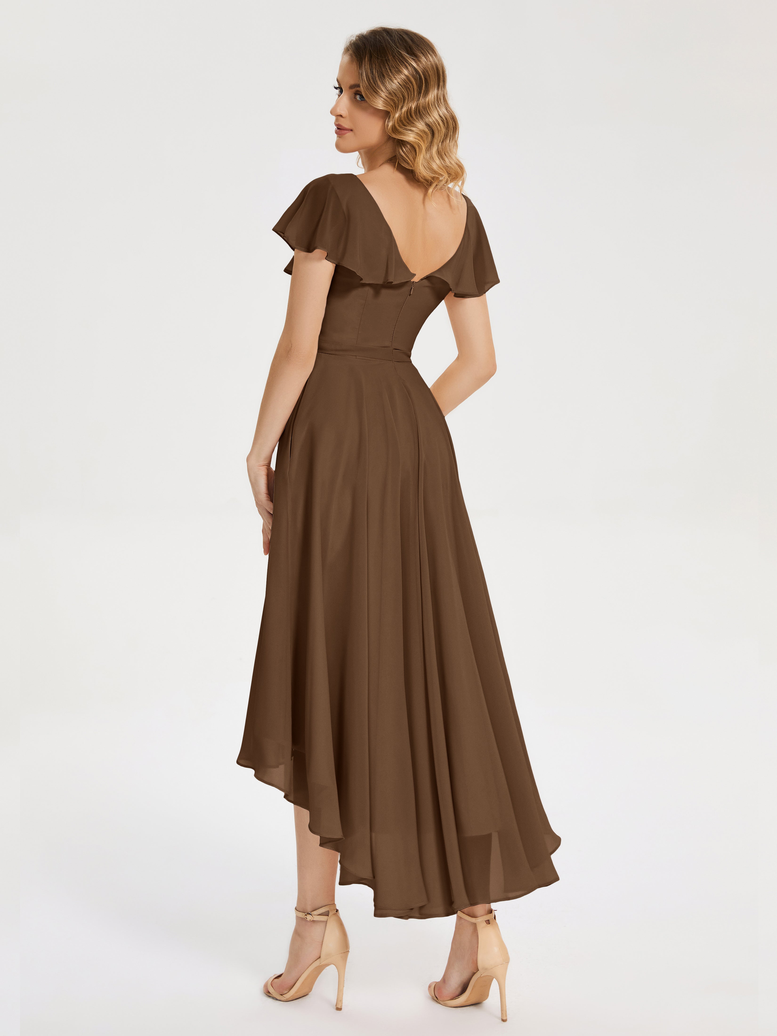 Robe Demoiselle D Honneur Brun Col V Asymétrique Robes Demoiselle D'Honneur À Volants