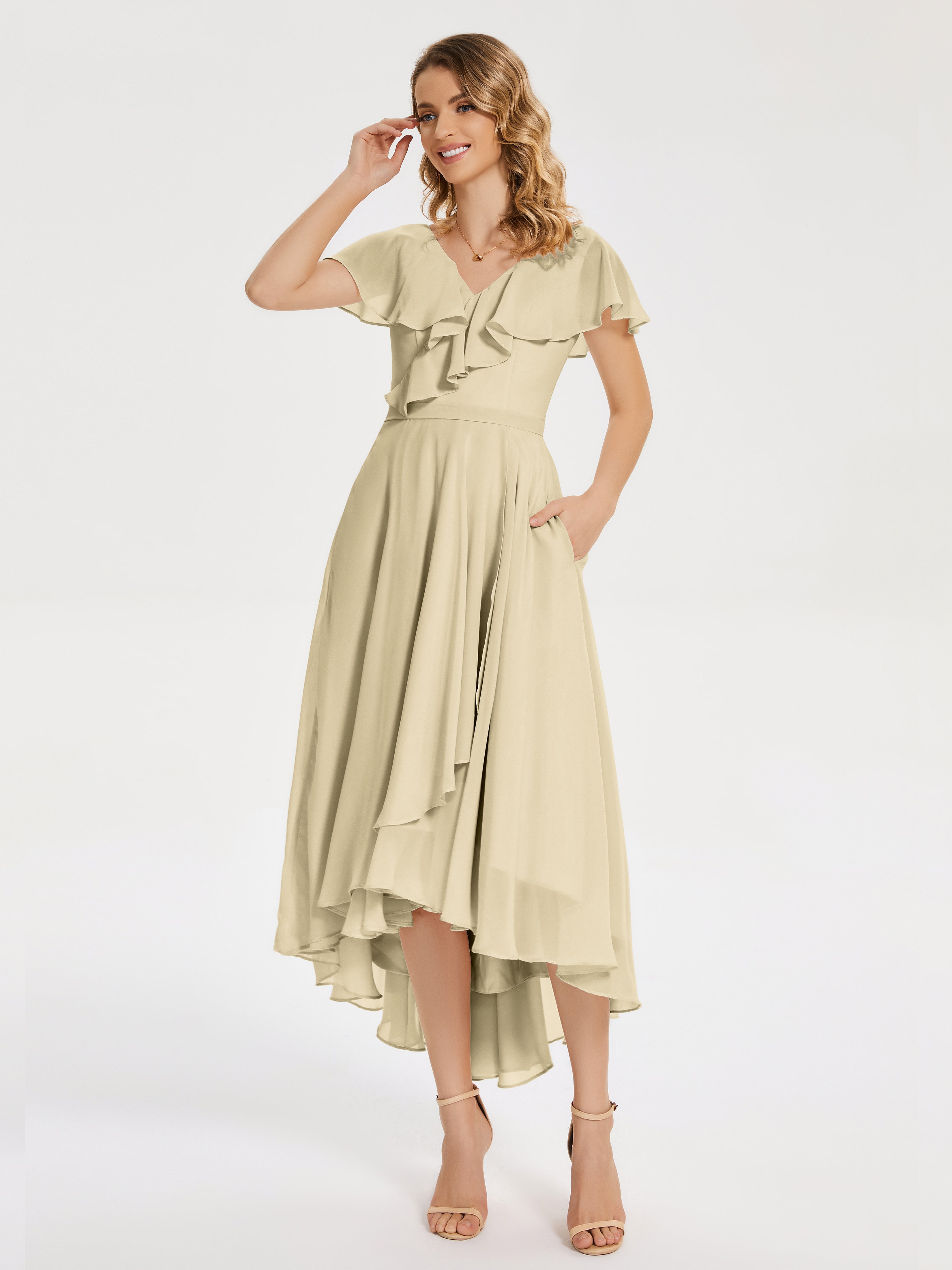 Robe Champagne Demoiselle D Honneur Col V Asymétrique Robes Demoiselle D'Honneur À Volants