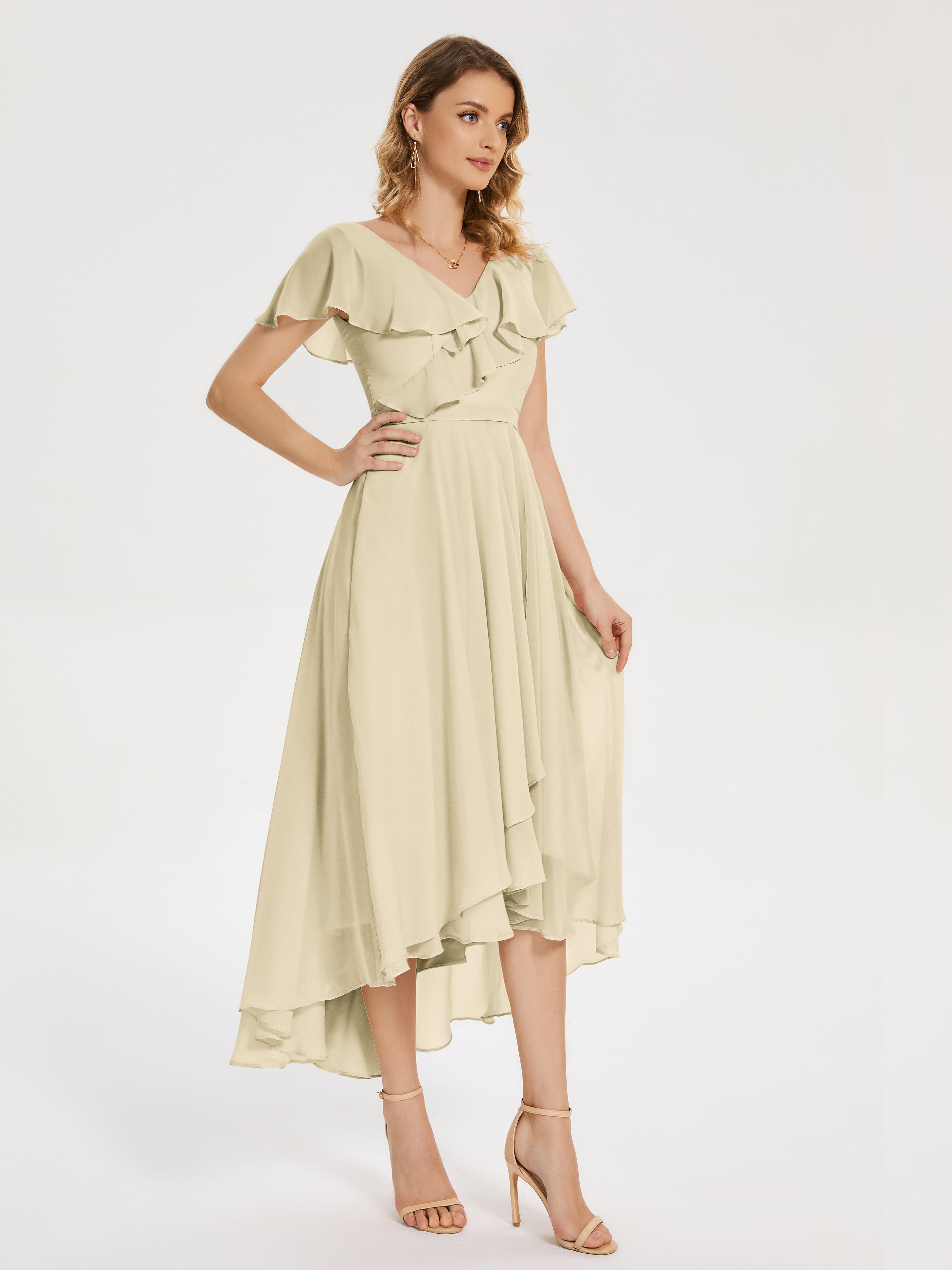 Robe Champagne Demoiselle D Honneur Col V Asymétrique Robes Demoiselle D'Honneur À Volants