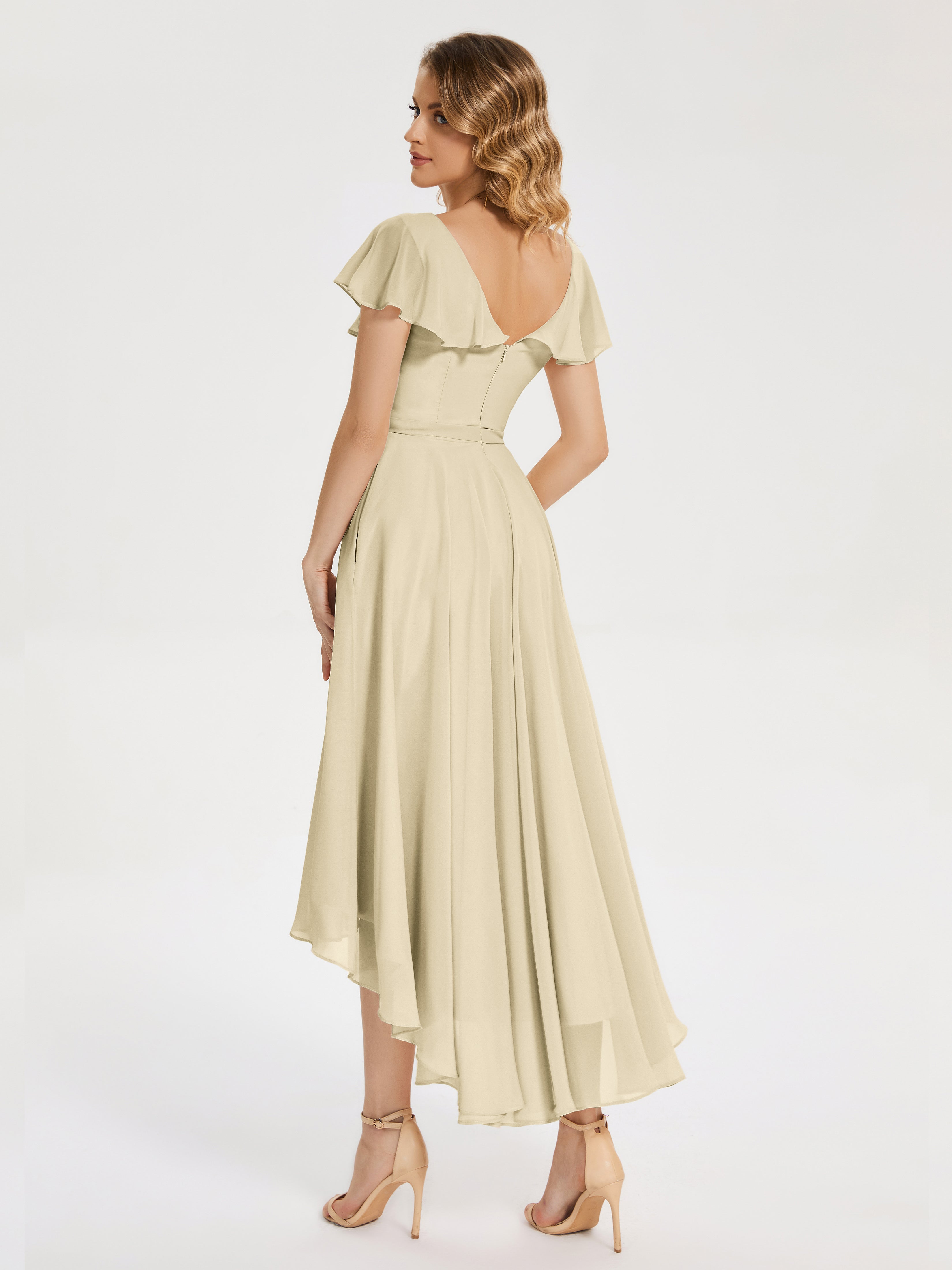 Robe Champagne Demoiselle D Honneur Col V Asymétrique Robes Demoiselle D'Honneur À Volants
