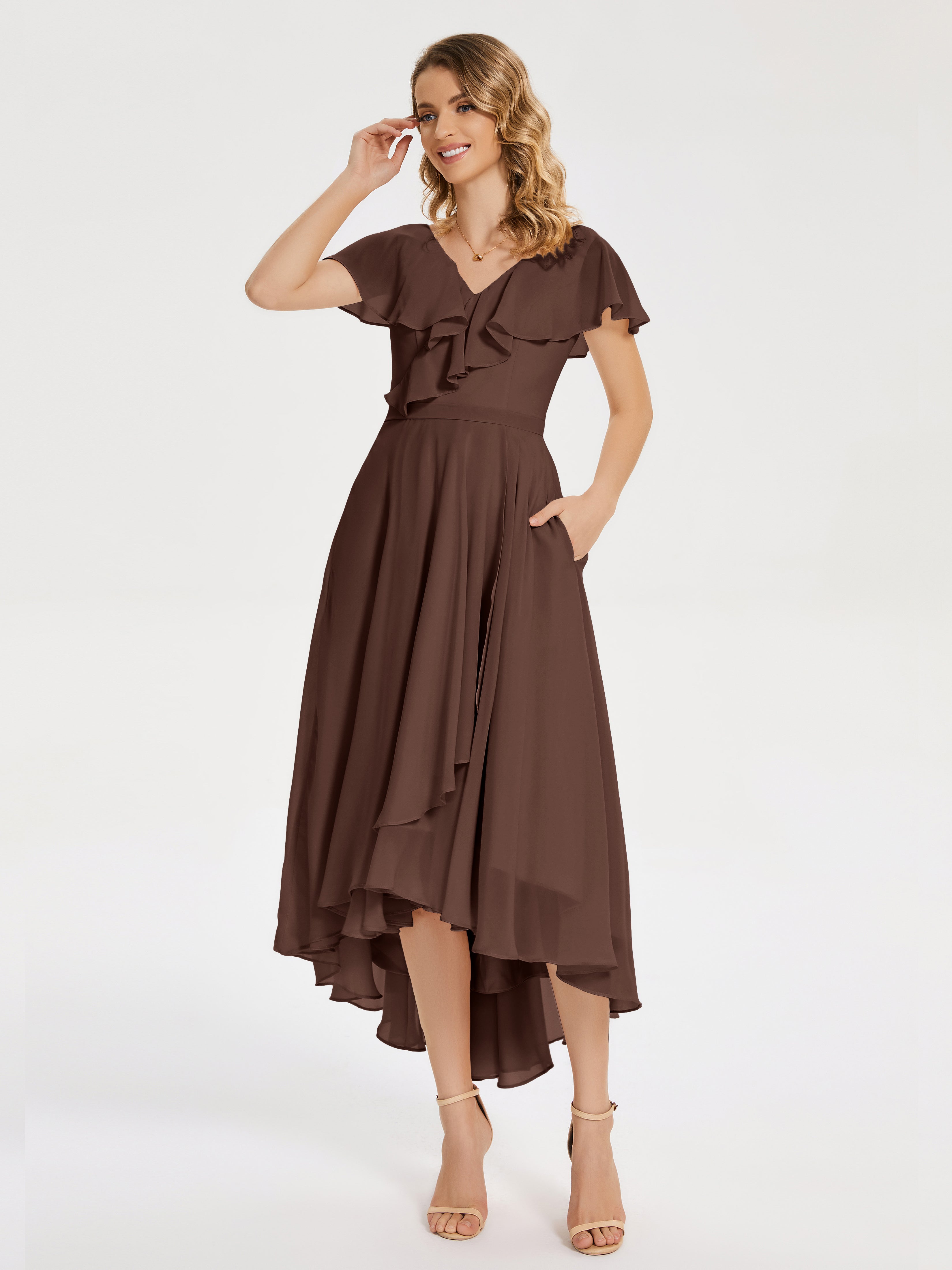 Robe De Demoiselle D Honneur Chocolat Col V Asymétrique Robes Demoiselle D'Honneur À Volants