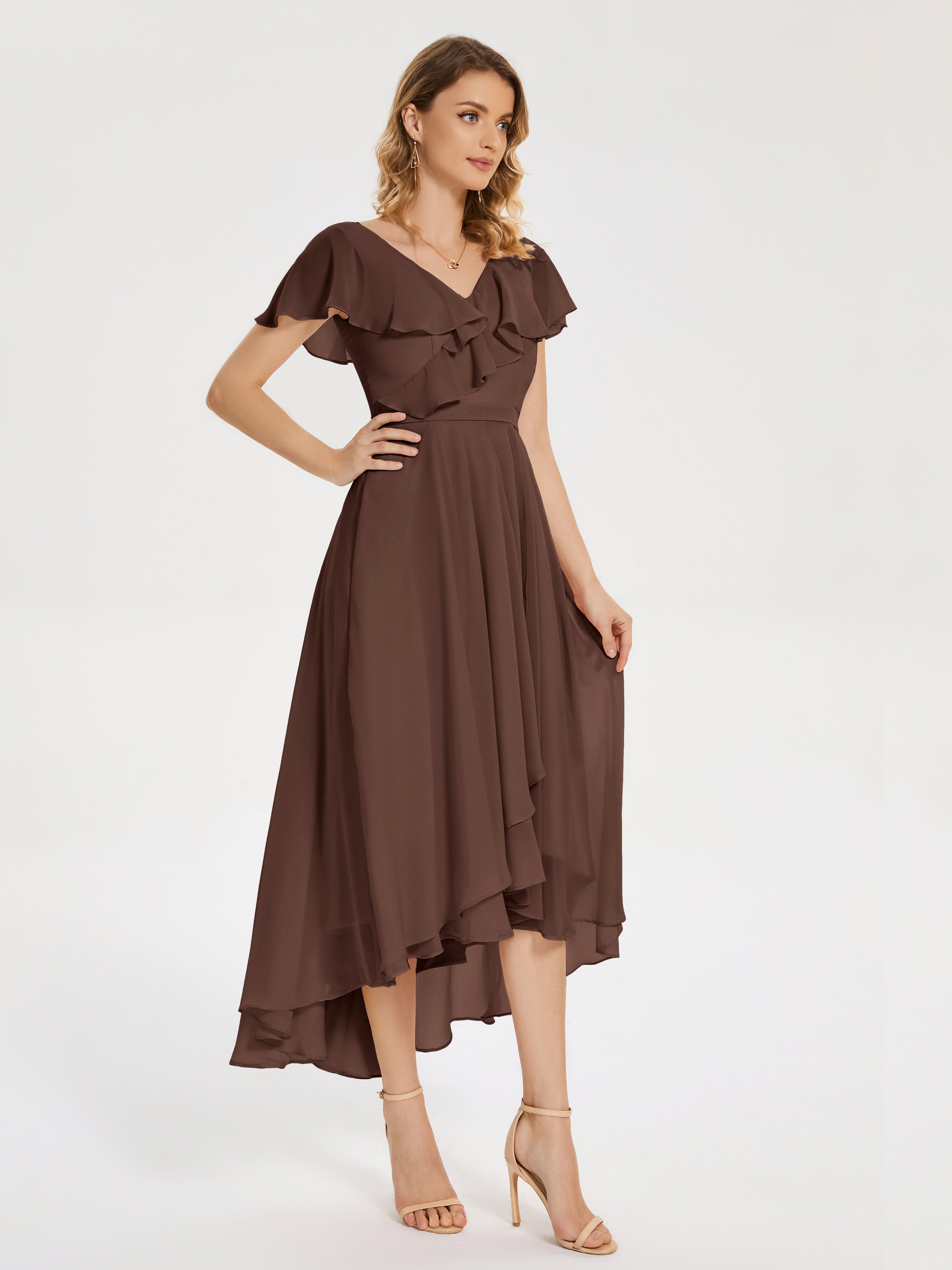 Robe De Demoiselle D Honneur Chocolat Col V Asymétrique Robes Demoiselle D'Honneur À Volants