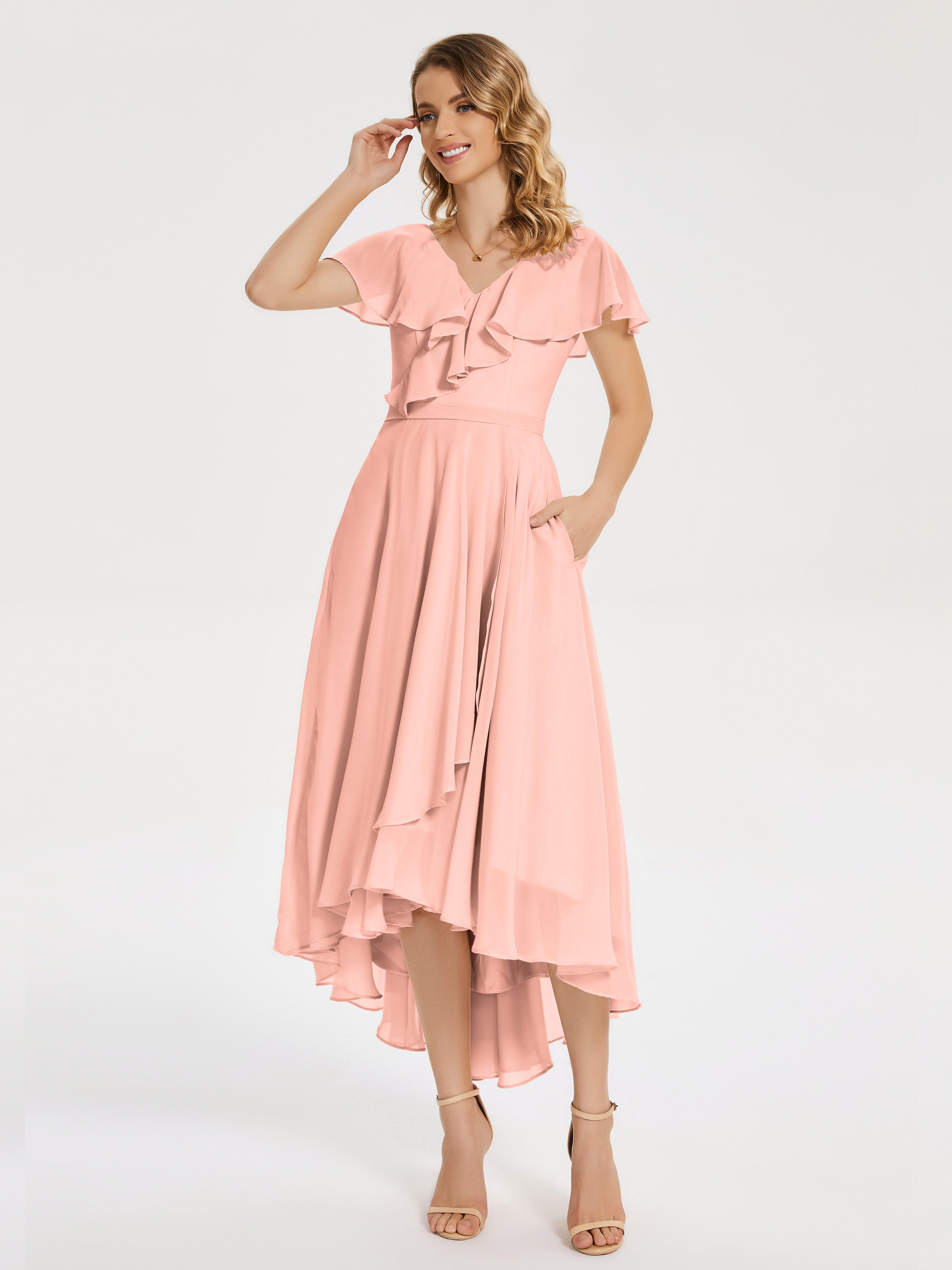 Robe De Demoiselle D Honneur Corail Col V Asymétrique Robes Demoiselle D'Honneur À Volants