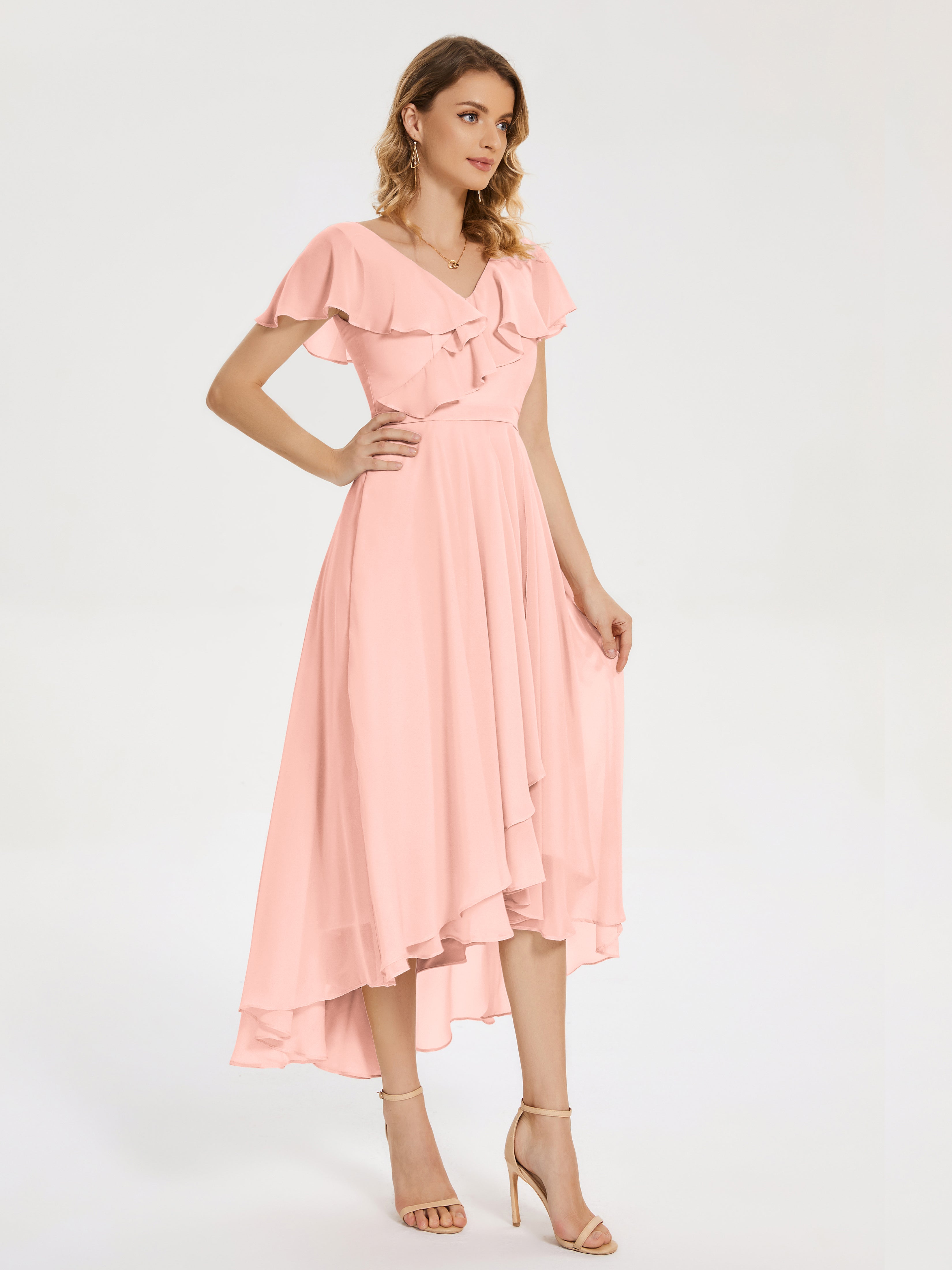 Robe De Demoiselle D Honneur Corail Col V Asymétrique Robes Demoiselle D'Honneur À Volants