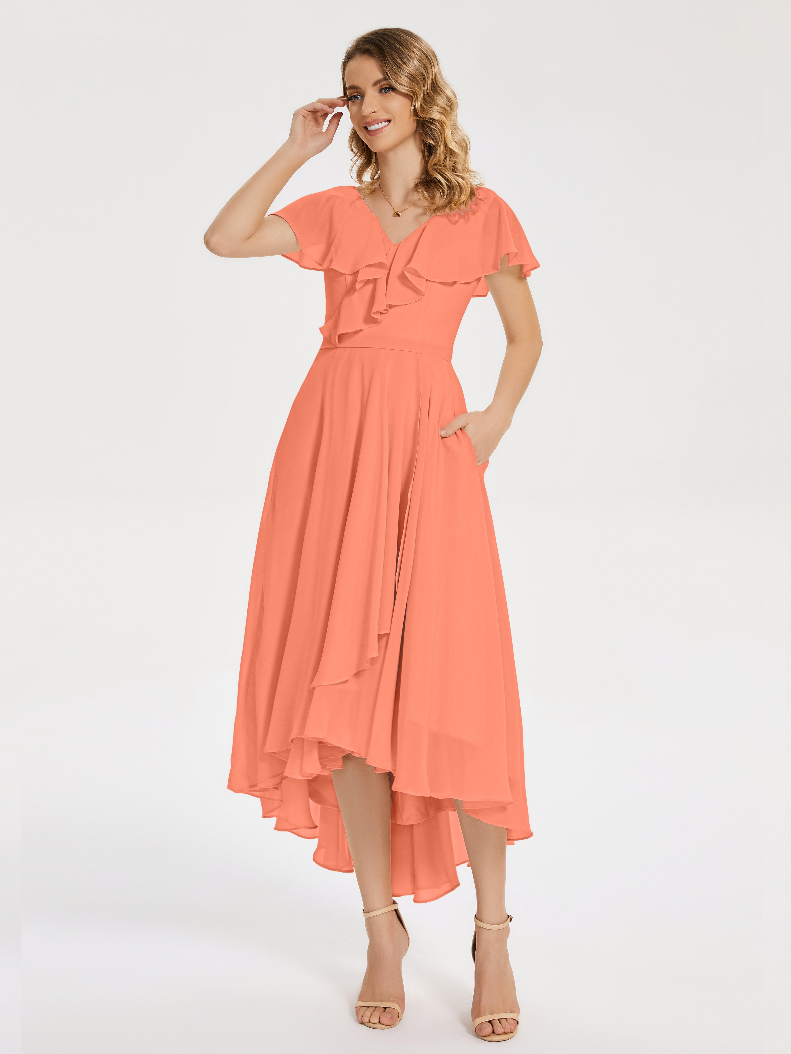 Robes De Demoiselle D'Honneur Coucher De Soleil Col V Asymétrique Robes Demoiselle D'Honneur À Volants