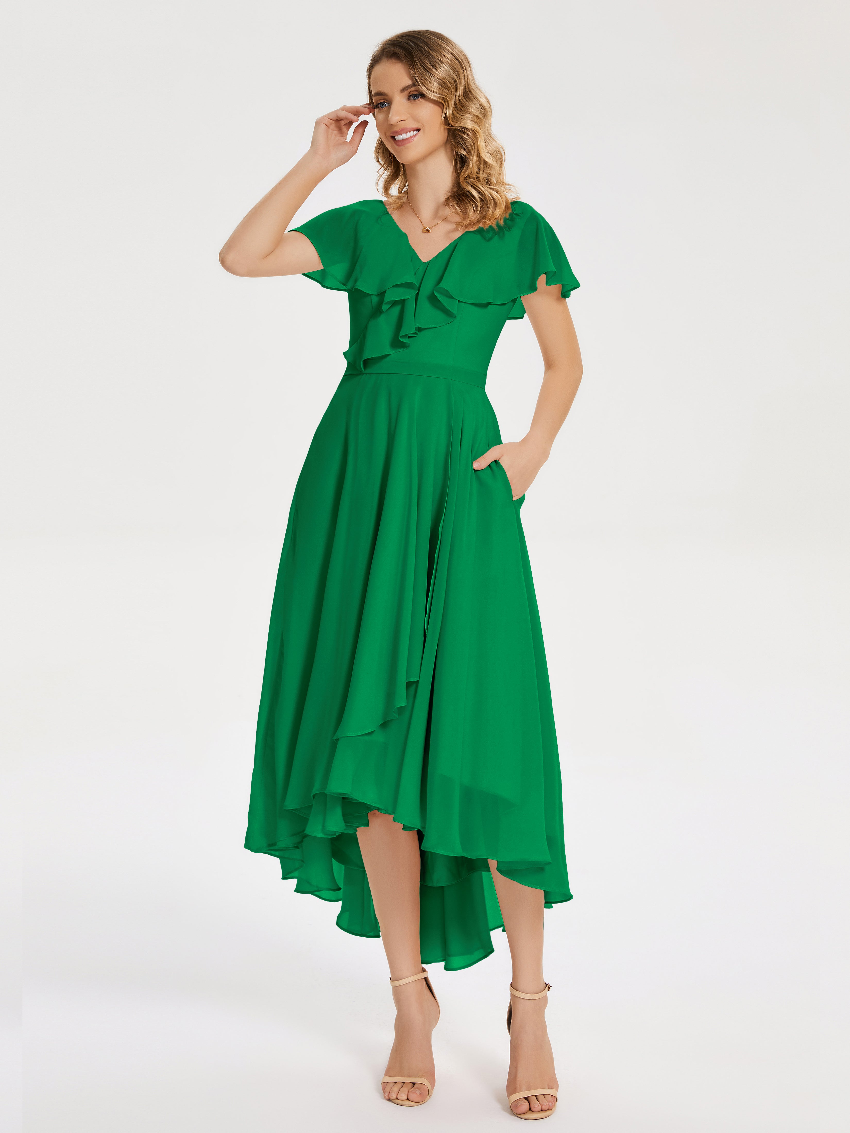Robes De Demoiselle D'Honneur Vert Émeraude Foncé Col V Asymétrique Robes Demoiselle D'Honneur À Volants