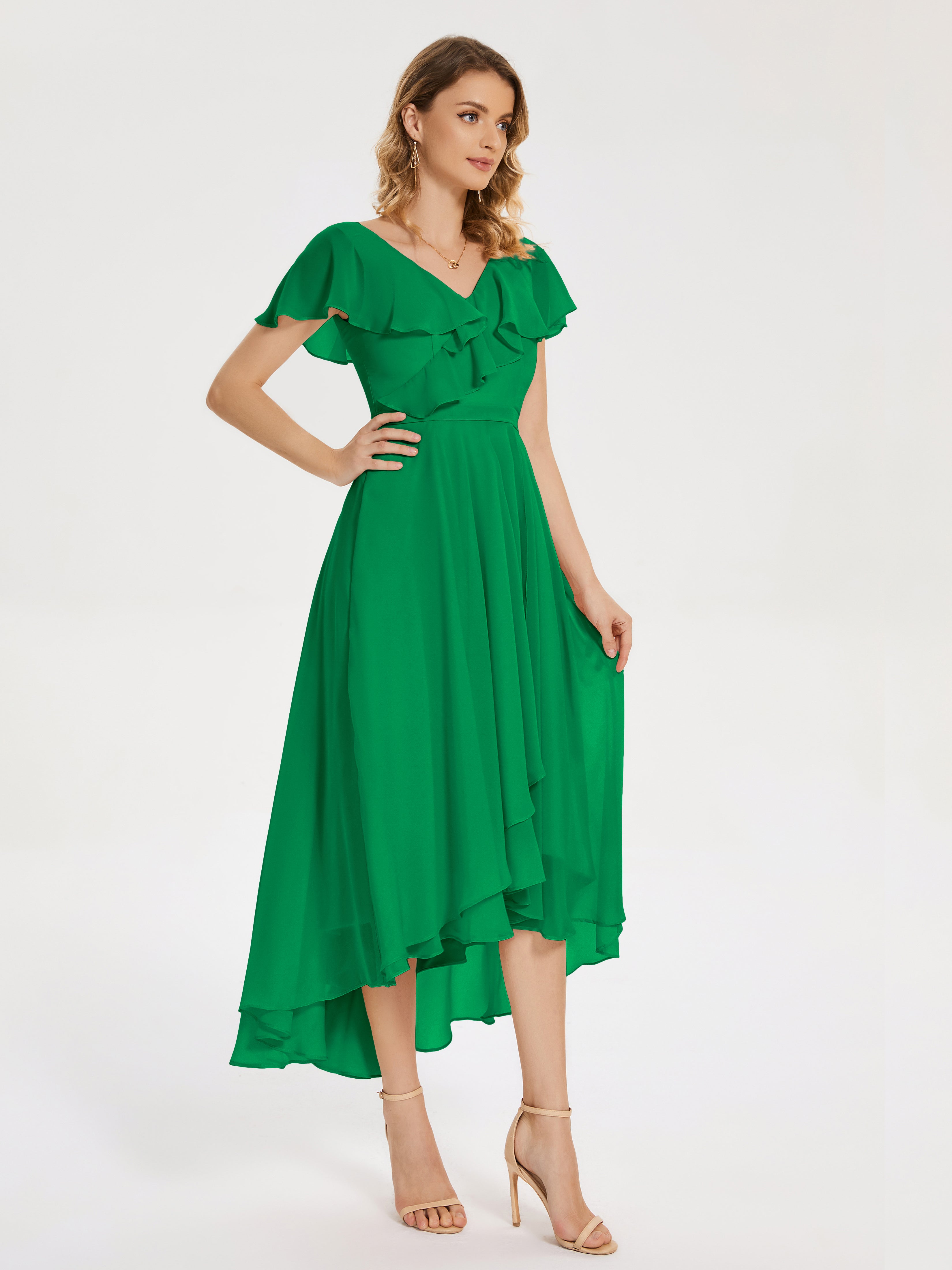 Robes De Demoiselle D'Honneur Vert Émeraude Foncé Col V Asymétrique Robes Demoiselle D'Honneur À Volants