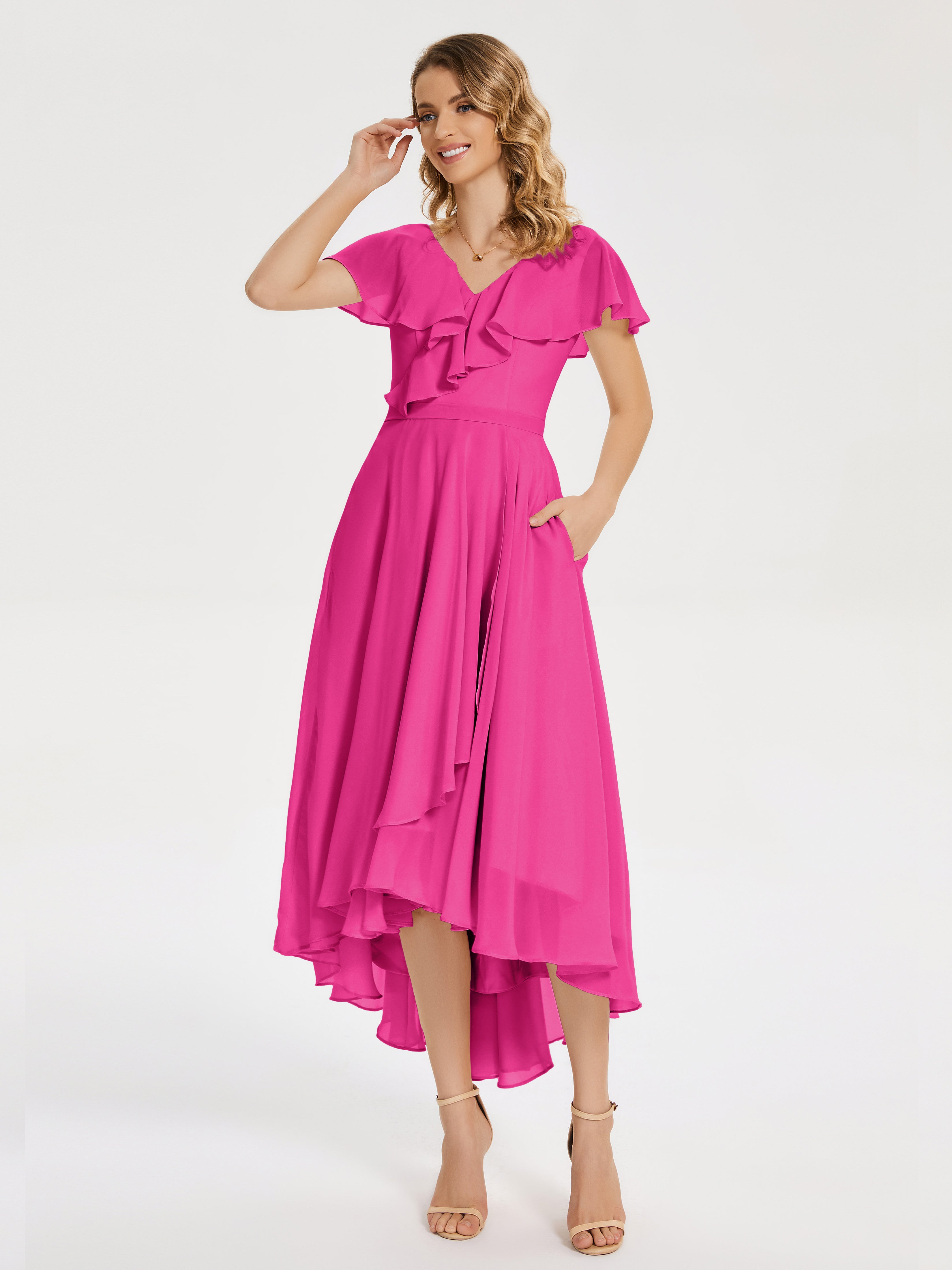 Robe Fuchsia Demoiselle D Honneur Col V Asymétrique Robes Demoiselle D'Honneur À Volants