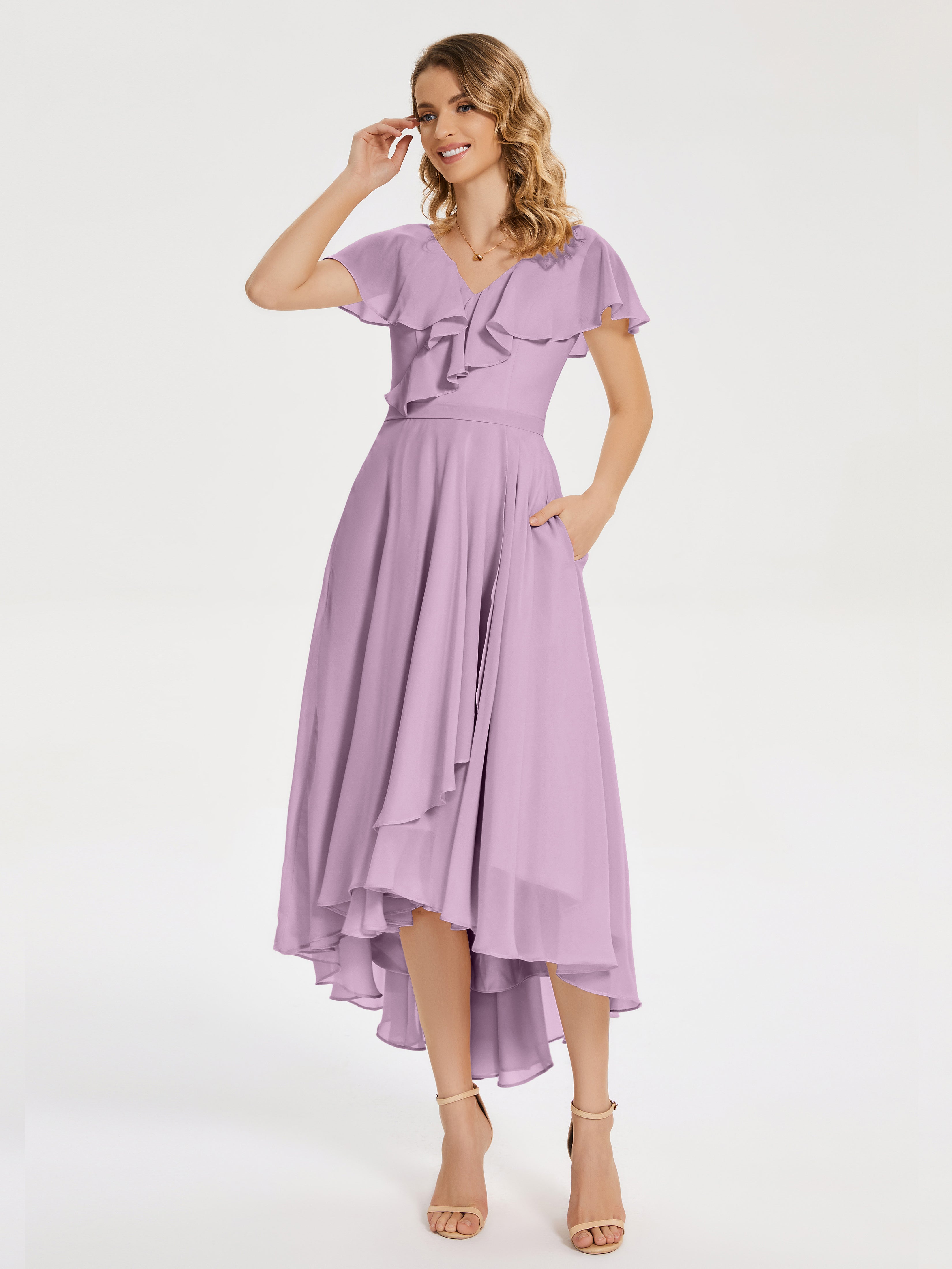 Robes De Demoiselle D'Honneur Glycine Col V Asymétrique Robes Demoiselle D'Honneur À Volants