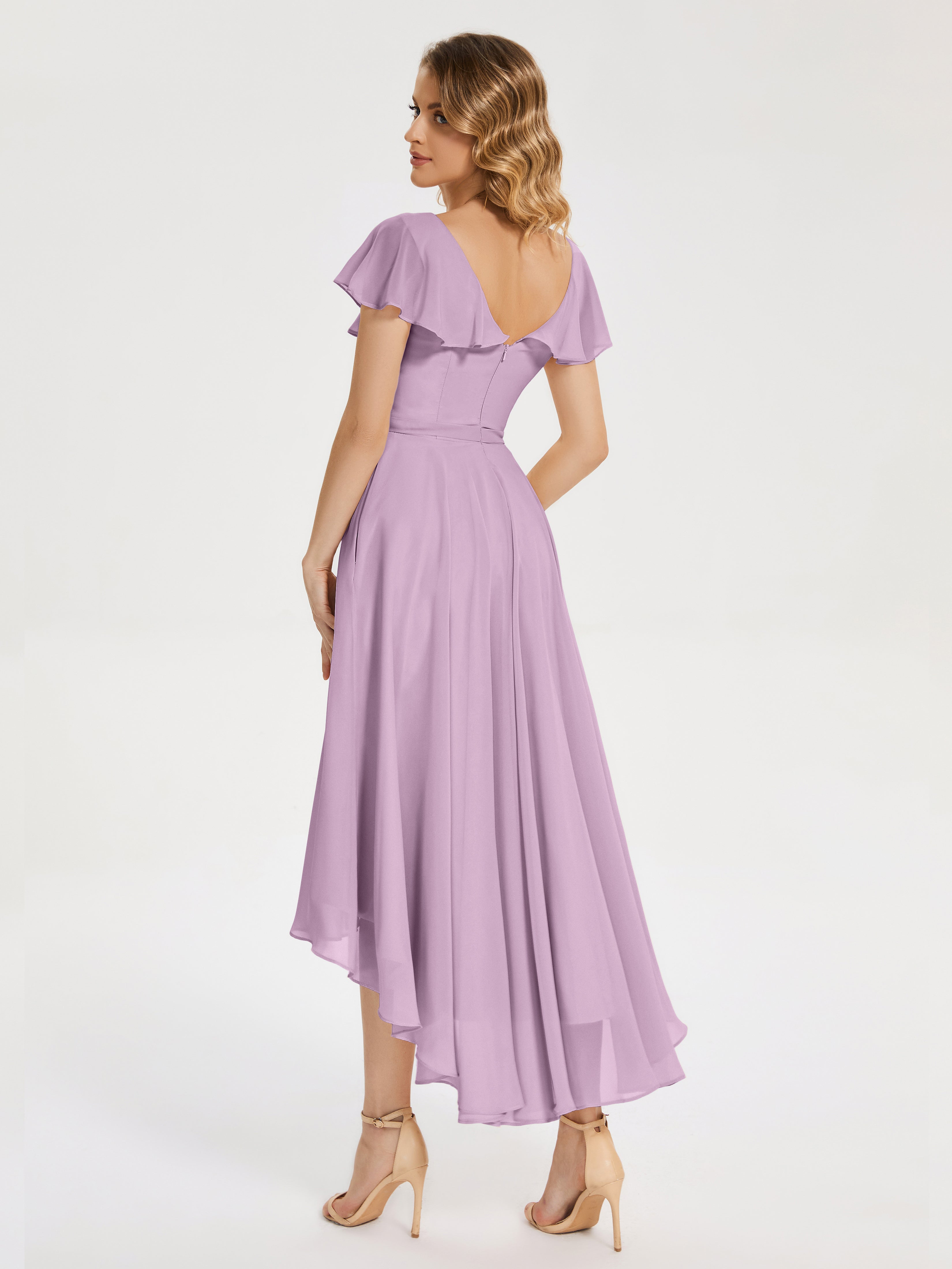 Robes De Demoiselle D'Honneur Glycine Col V Asymétrique Robes Demoiselle D'Honneur À Volants