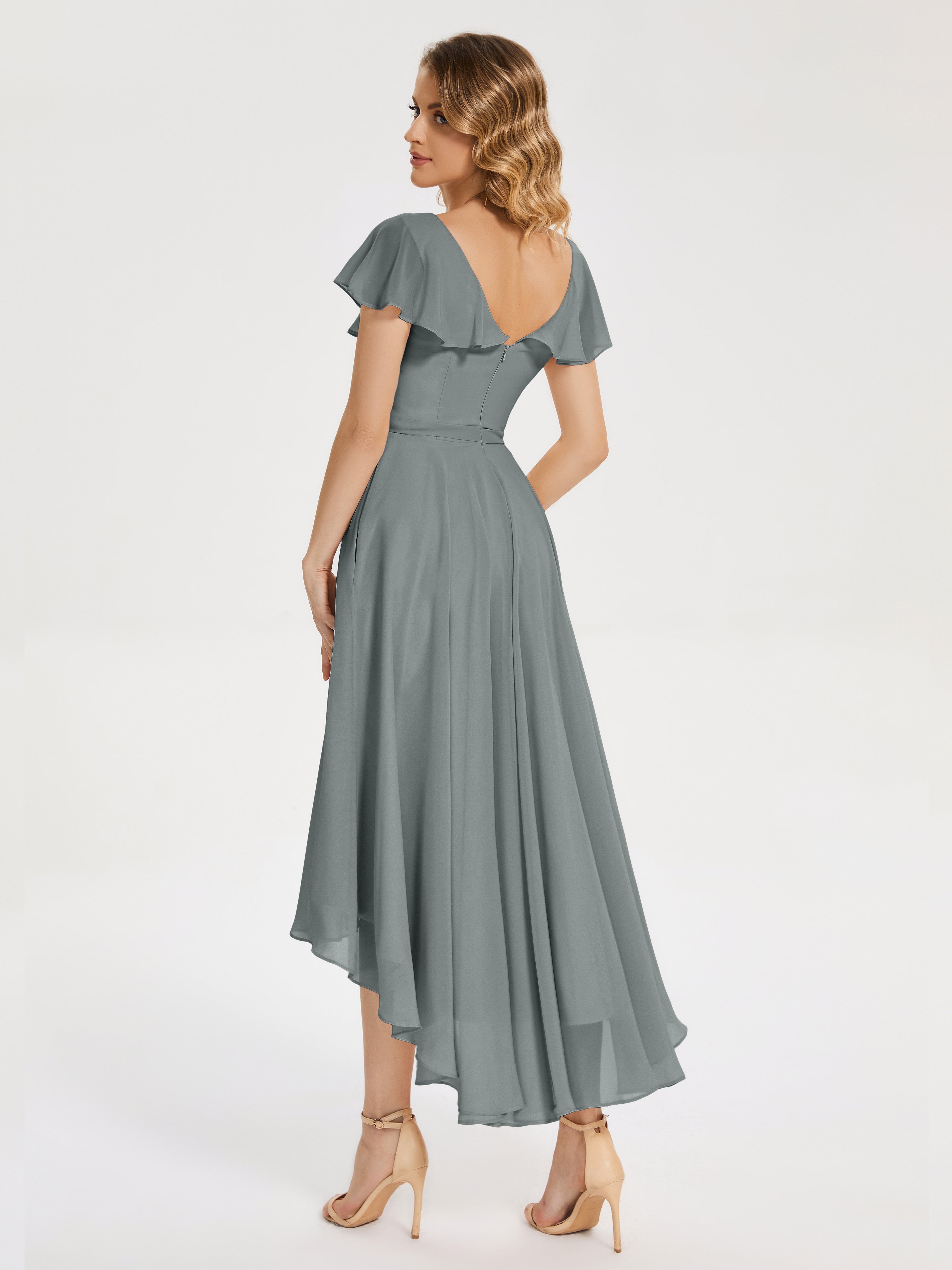 Robe De Demoiselle D Honneur Grise Col V Asymétrique Robes Demoiselle D'Honneur À Volants