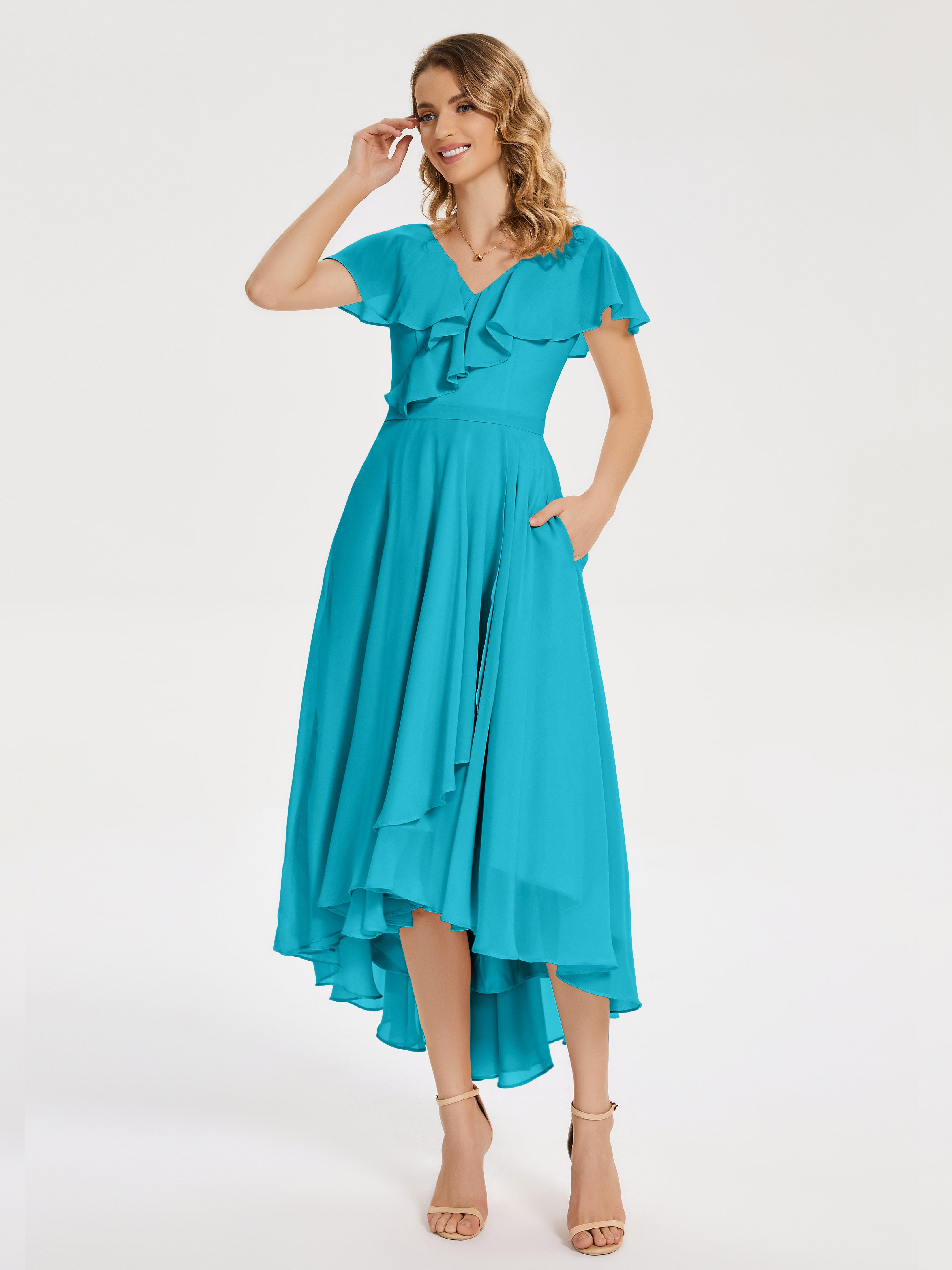 Robes De Demoiselle D'Honneur Vert Jade Col V Asymétrique Robes Demoiselle D'Honneur À Volants