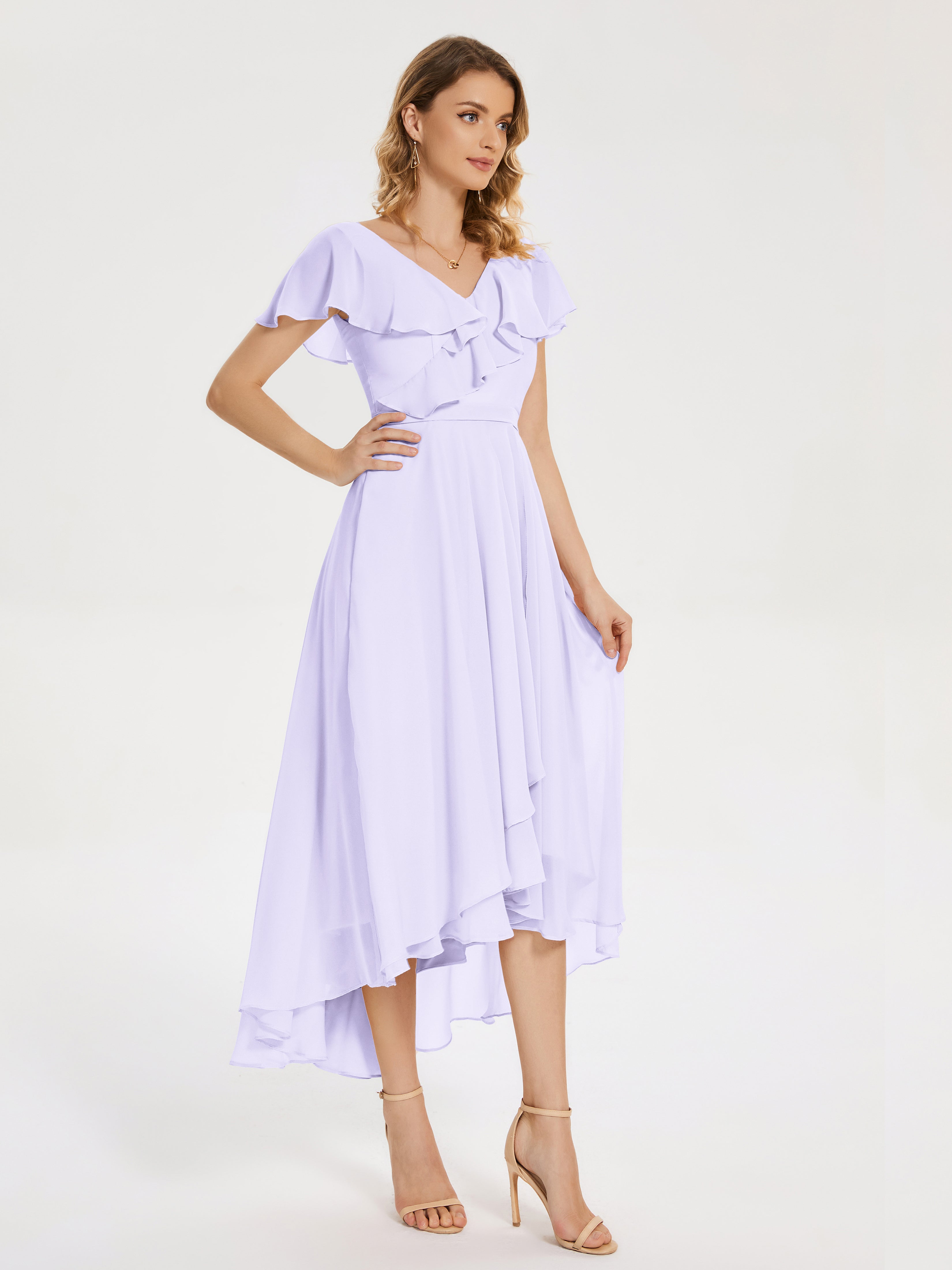 Robe Longue Lilas Demoiselle D Honneur Col V Asymétrique Robes Demoiselle D'Honneur À Volants