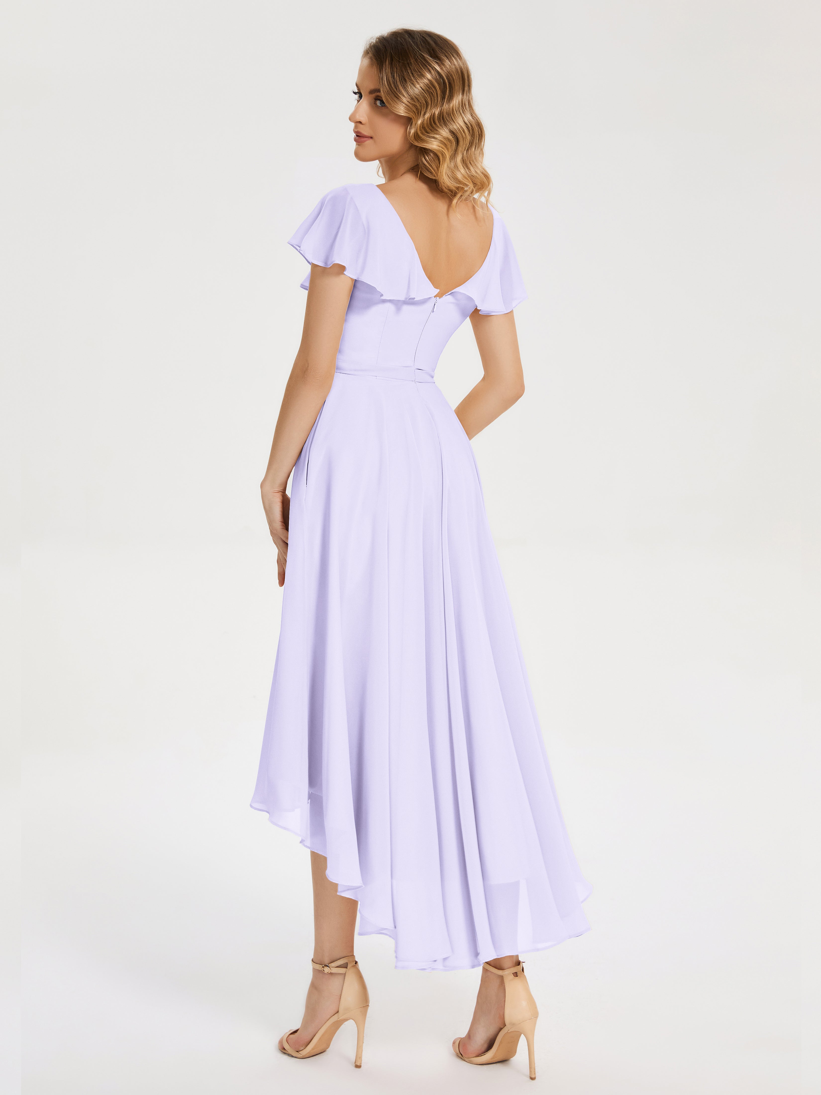 Robe Longue Lilas Demoiselle D Honneur Col V Asymétrique Robes Demoiselle D'Honneur À Volants