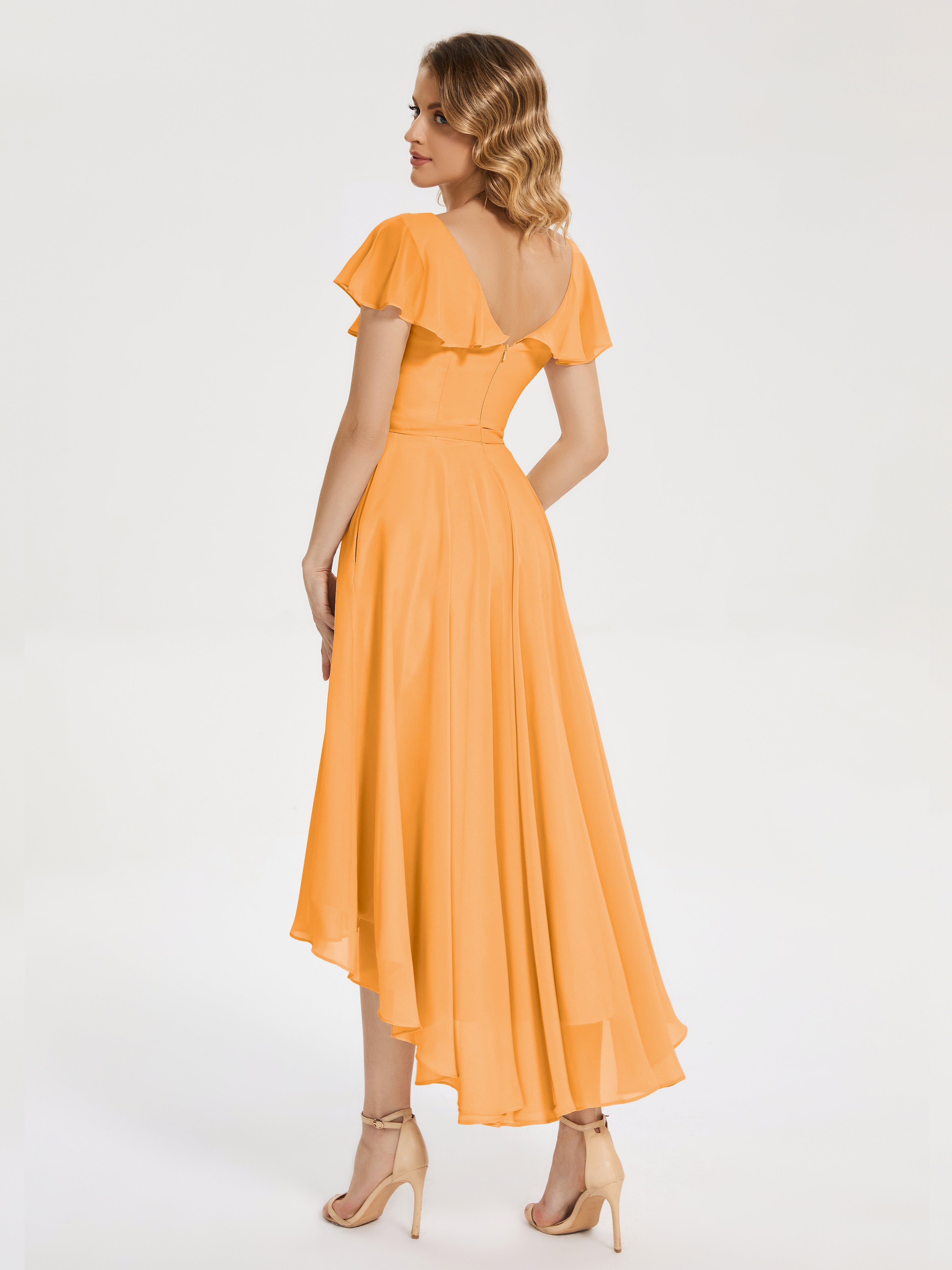 Robes De Demoiselle D'Honneur Mandarine Col V Asymétrique Robes Demoiselle D'Honneur À Volants