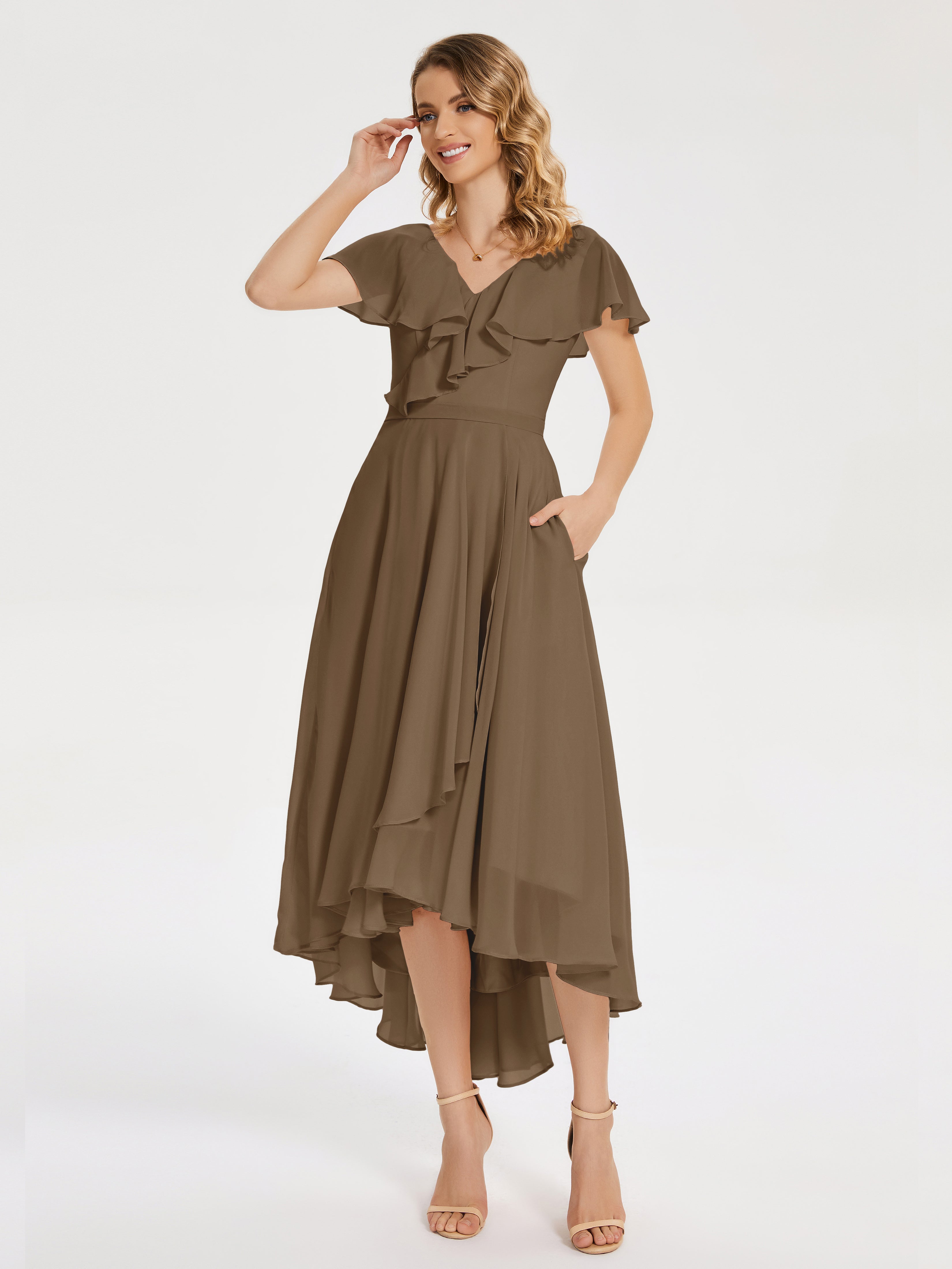 Robe De Demoiselle D'Honneur Moka Col V Asymétrique Robes Demoiselle D'Honneur À Volants