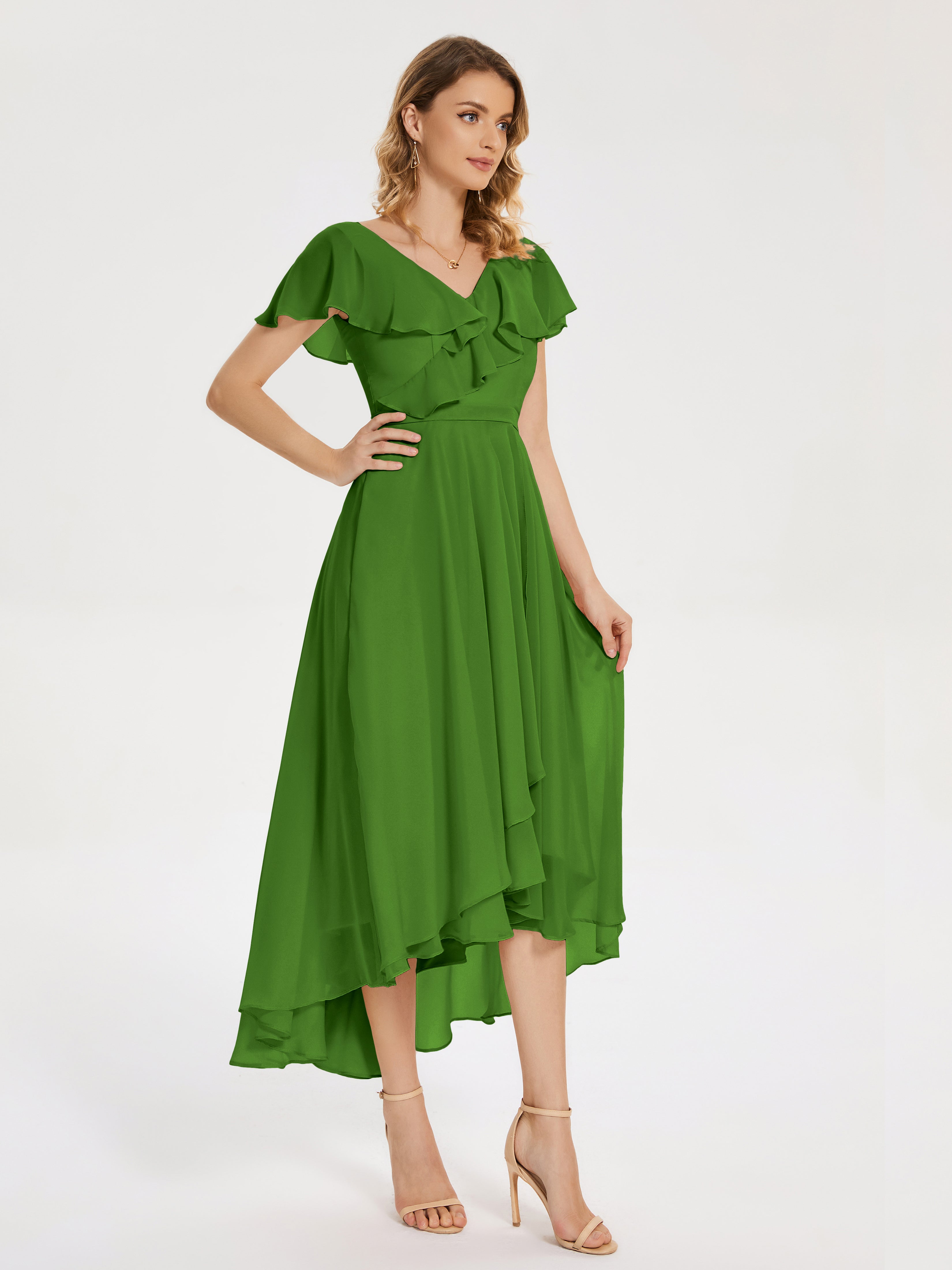 Robes De Demoiselle D'Honneur Vert Mousse Col V Asymétrique Robes Demoiselle D'Honneur À Volants