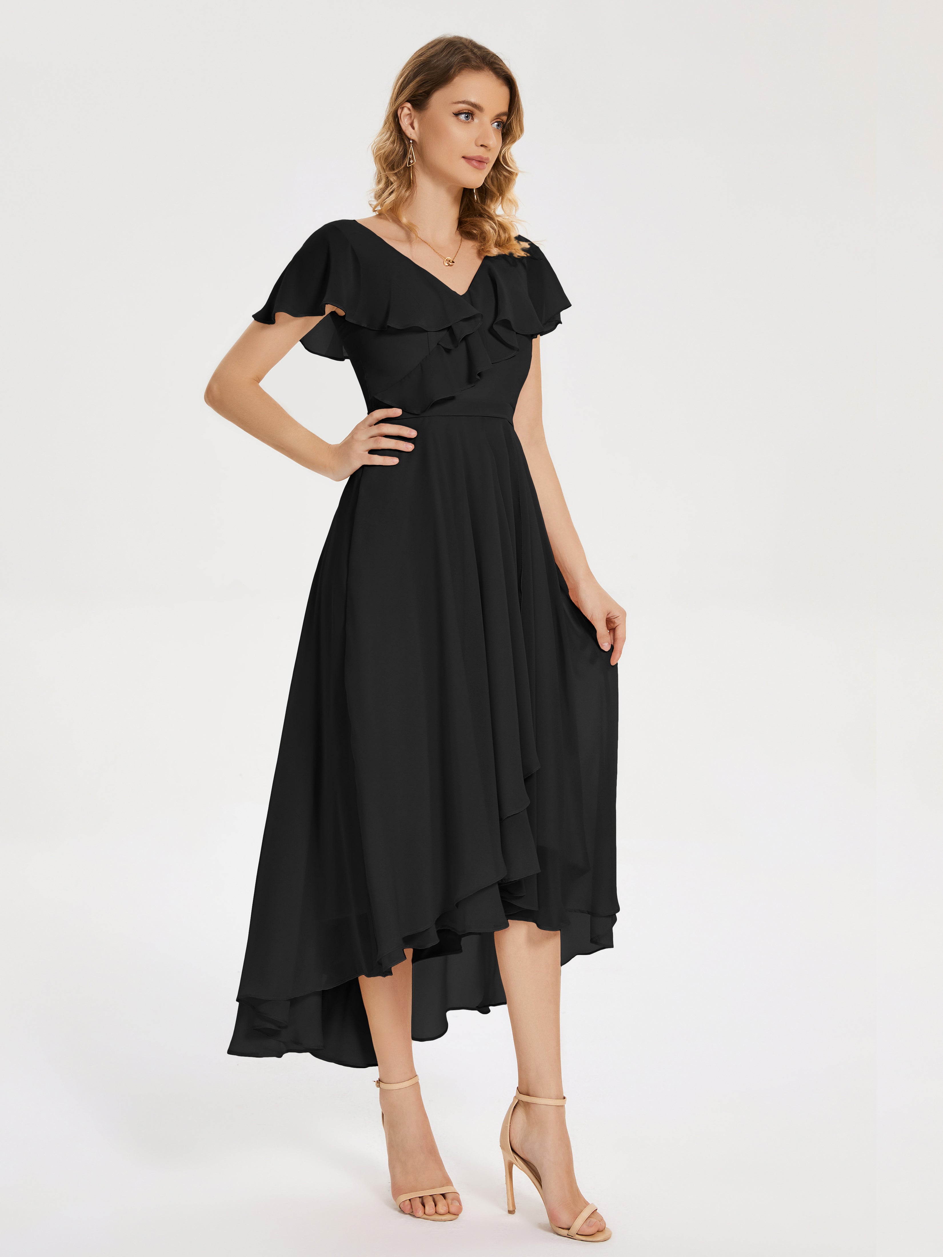 Robe Demoiselle D Honneur Noire Col V Asymétrique Robes Demoiselle D'Honneur À Volants