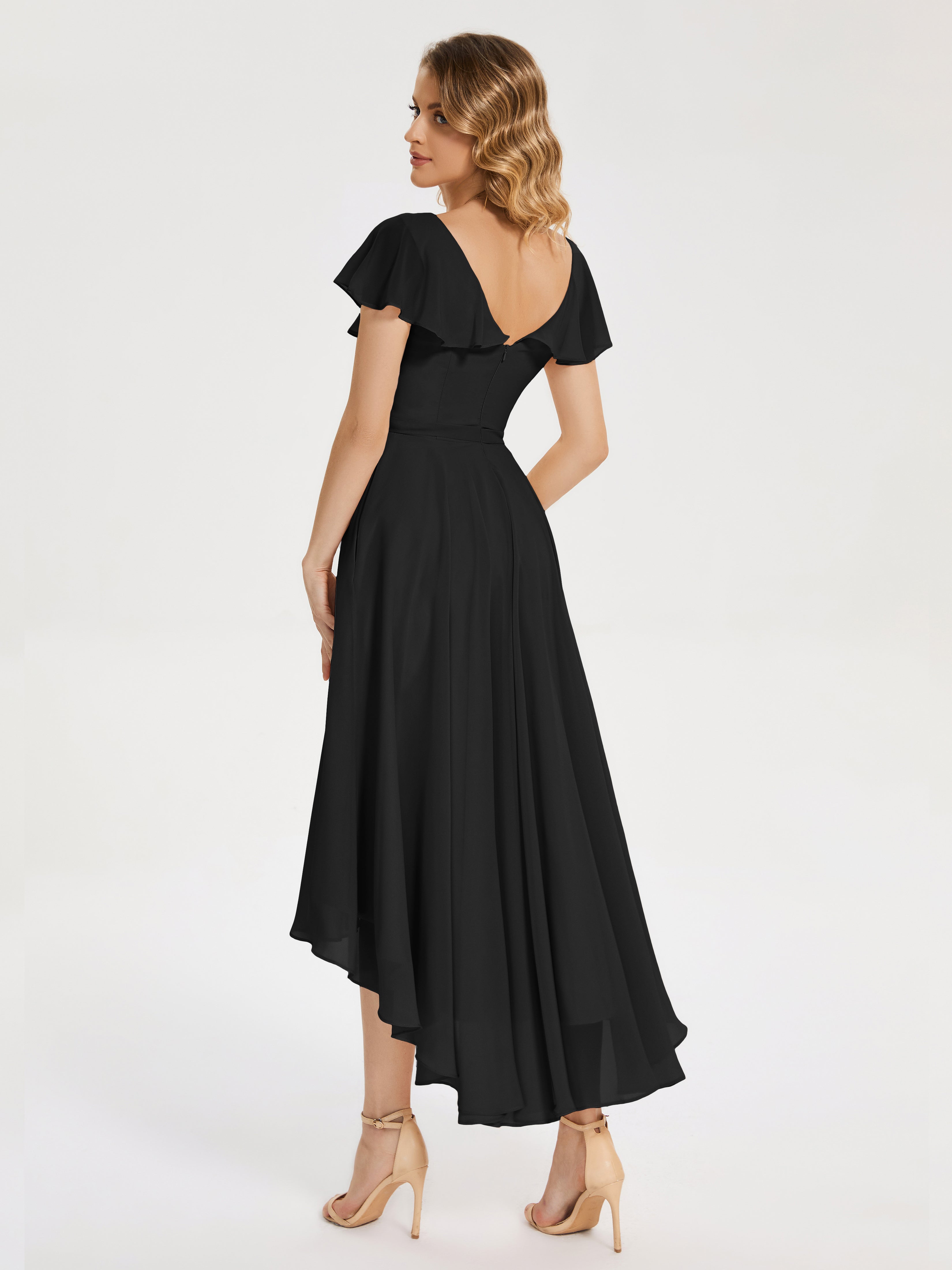 Robe Demoiselle D Honneur Noire Col V Asymétrique Robes Demoiselle D'Honneur À Volants