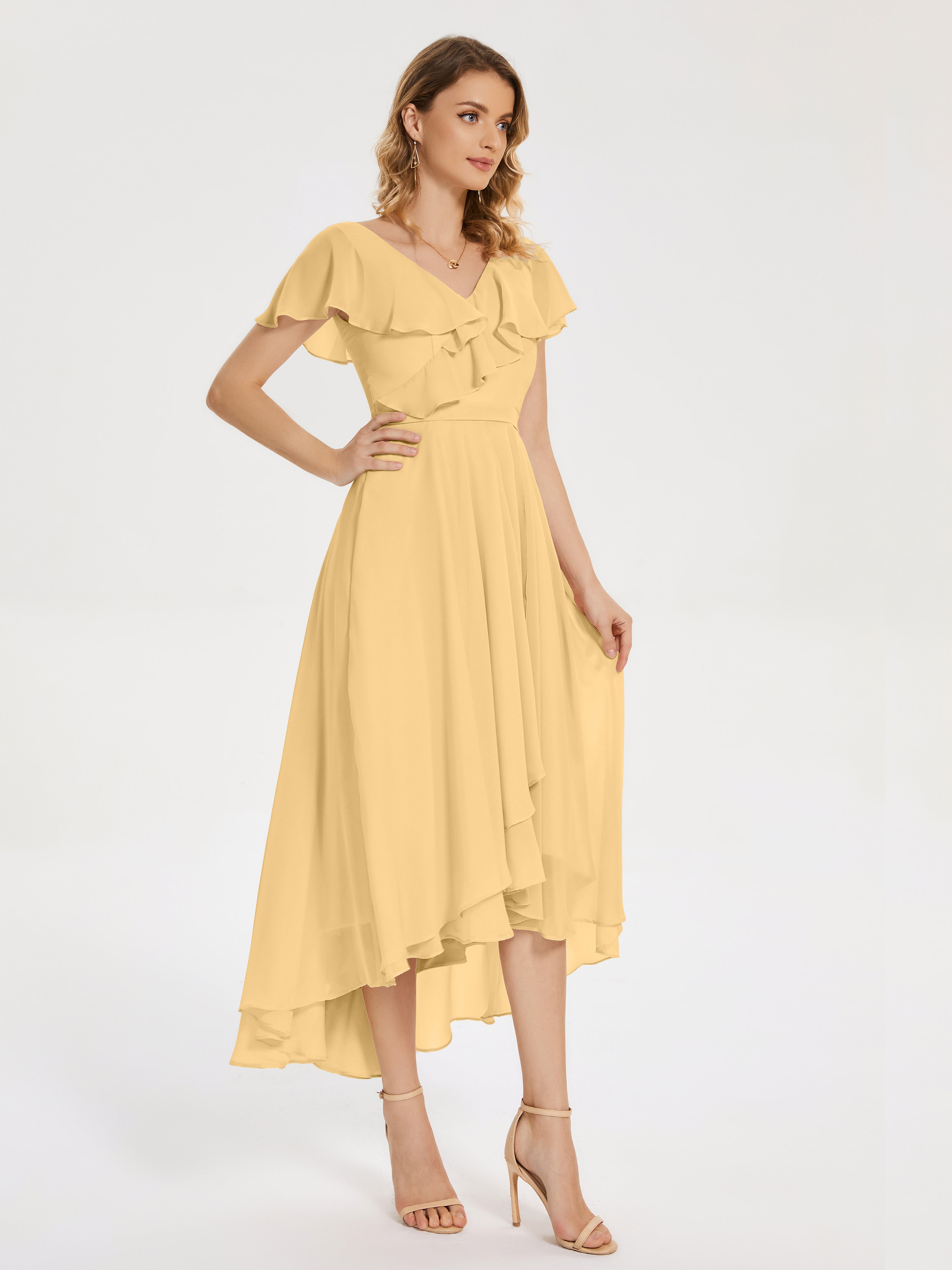 Robe Demoiselle D Honneur Doré Col V Asymétrique Robes Demoiselle D'Honneur À Volants