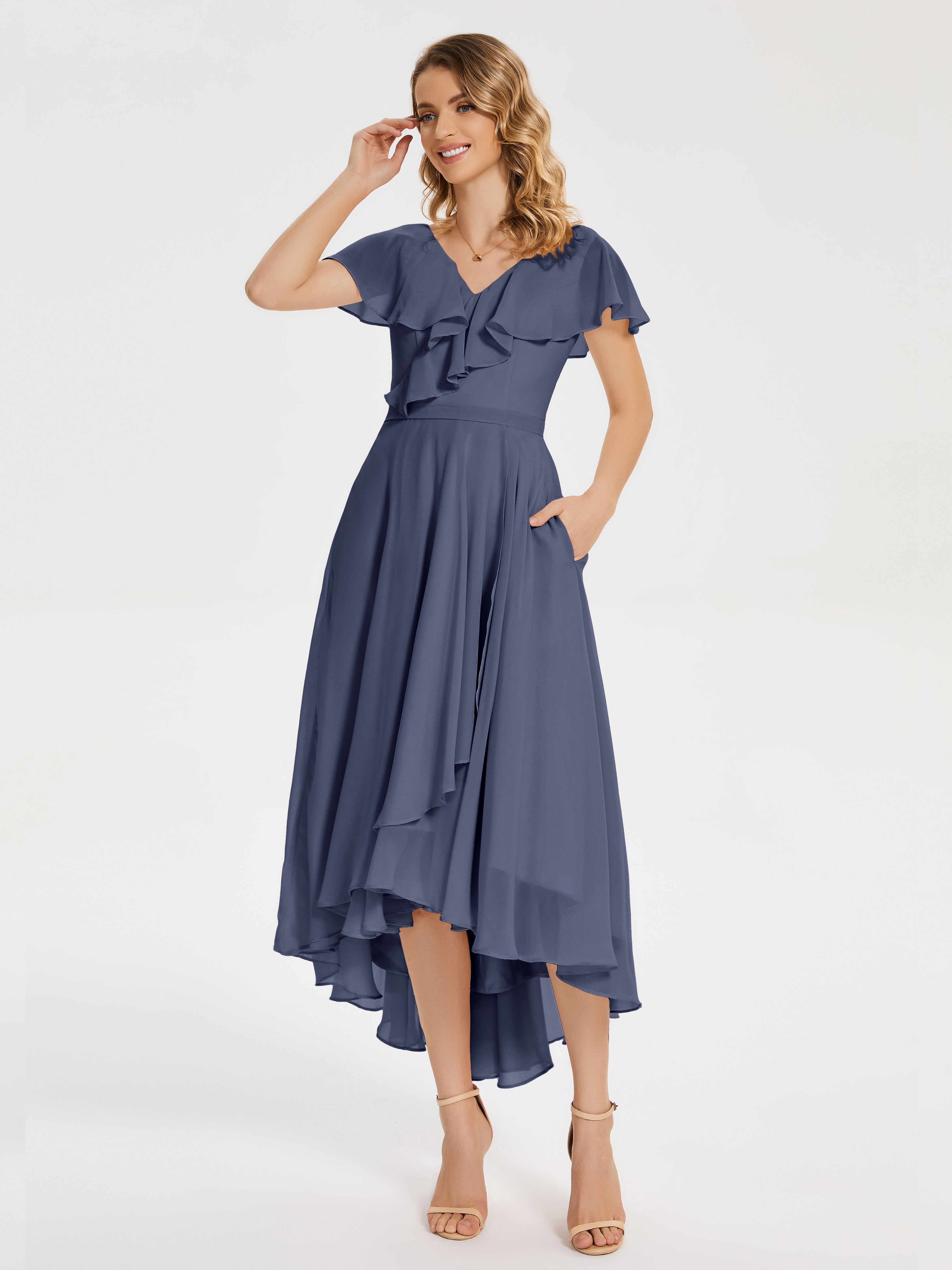 Robes De Demoiselle D'Honneur Bleu Orageux Col V Asymétrique Robes Demoiselle D'Honneur À Volants