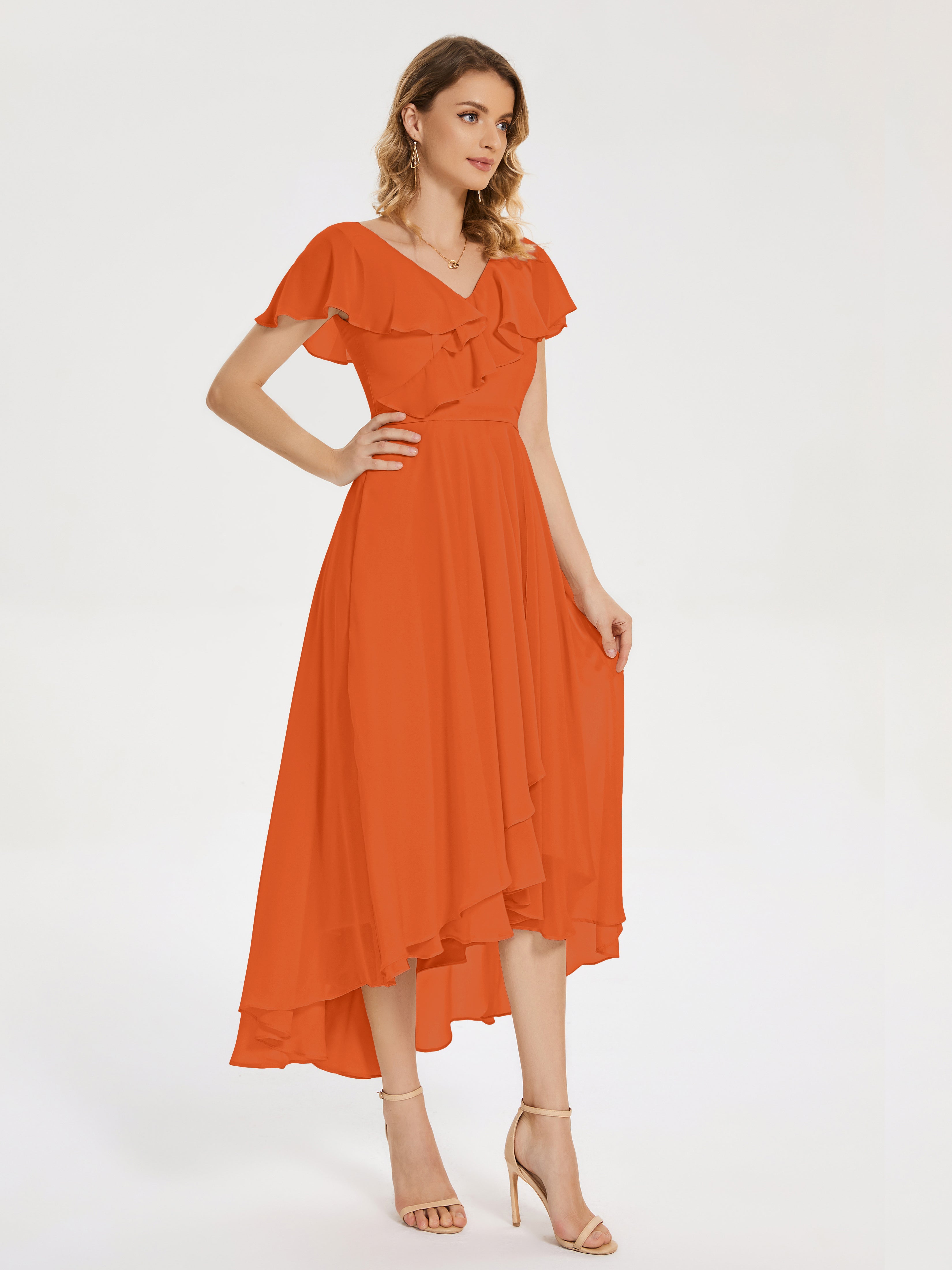 Robe Demoiselle D Honneur Orange Brulé Col V Asymétrique Robes Demoiselle D'Honneur À Volants