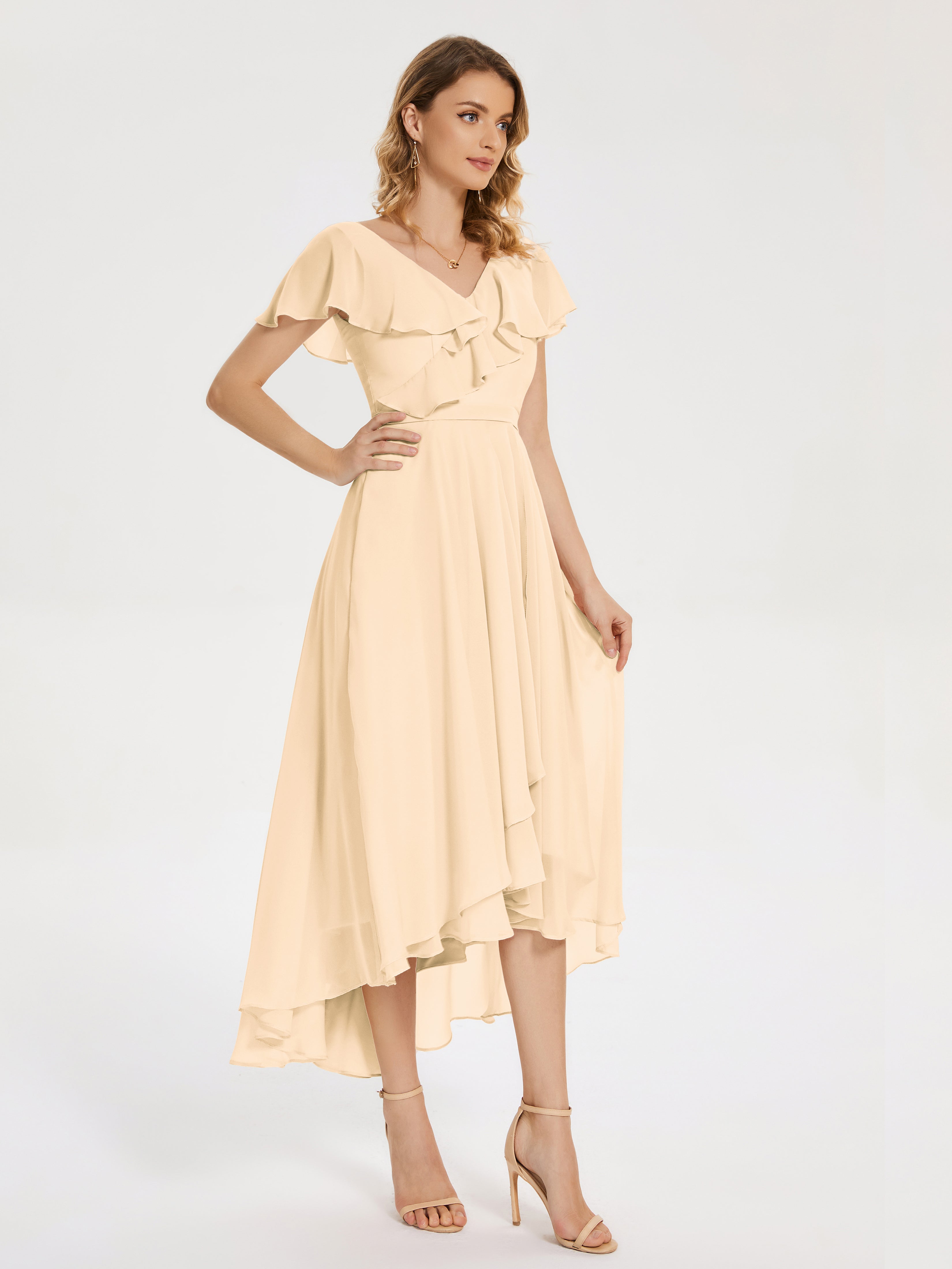 Robe De Demoiselle D Honneur Peche Col V Asymétrique Robes Demoiselle D'Honneur À Volants