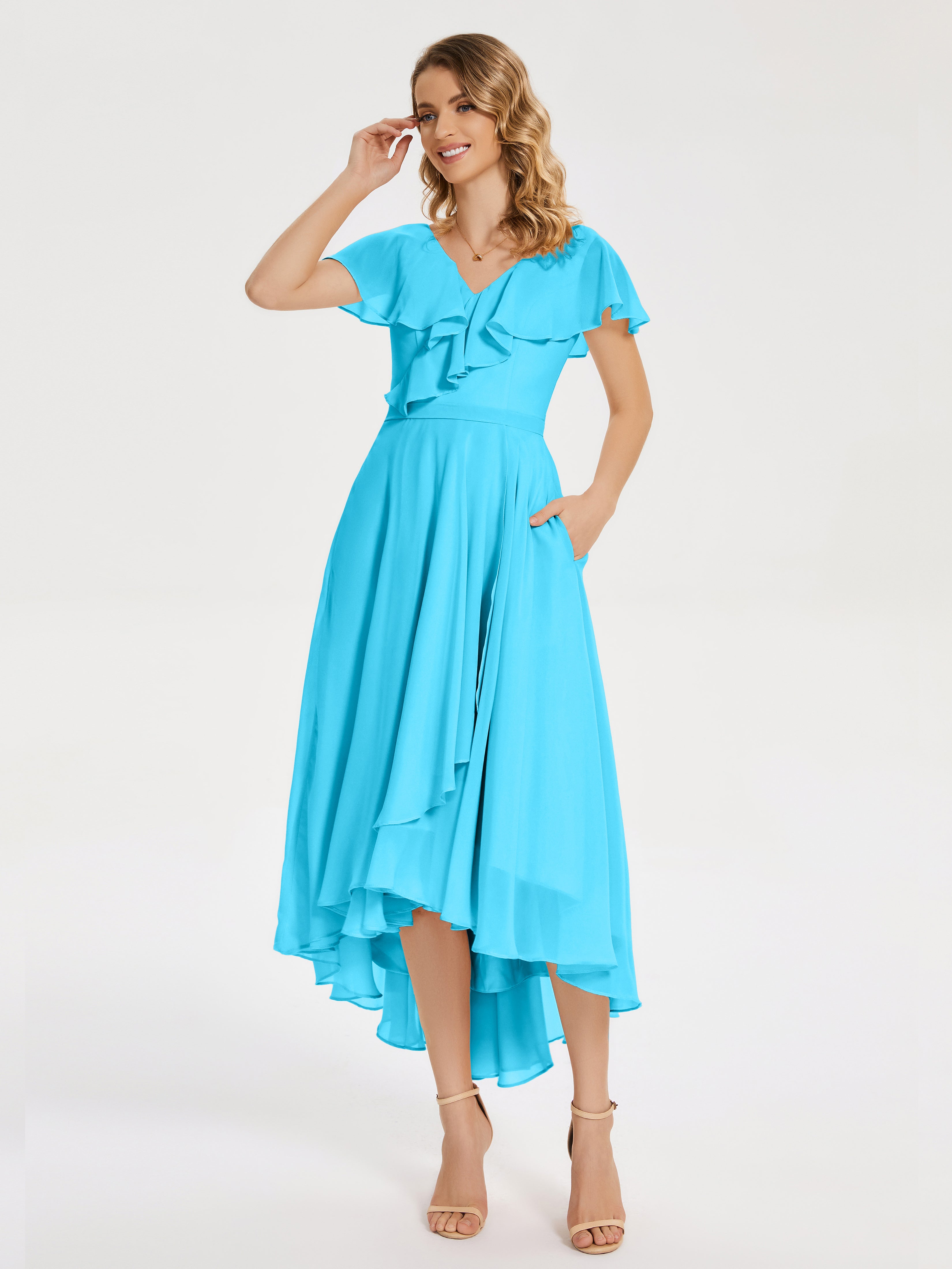 Robe De Demoiselle D'Honneur En Piscine Col V Asymétrique Robes Demoiselle D'Honneur À Volants