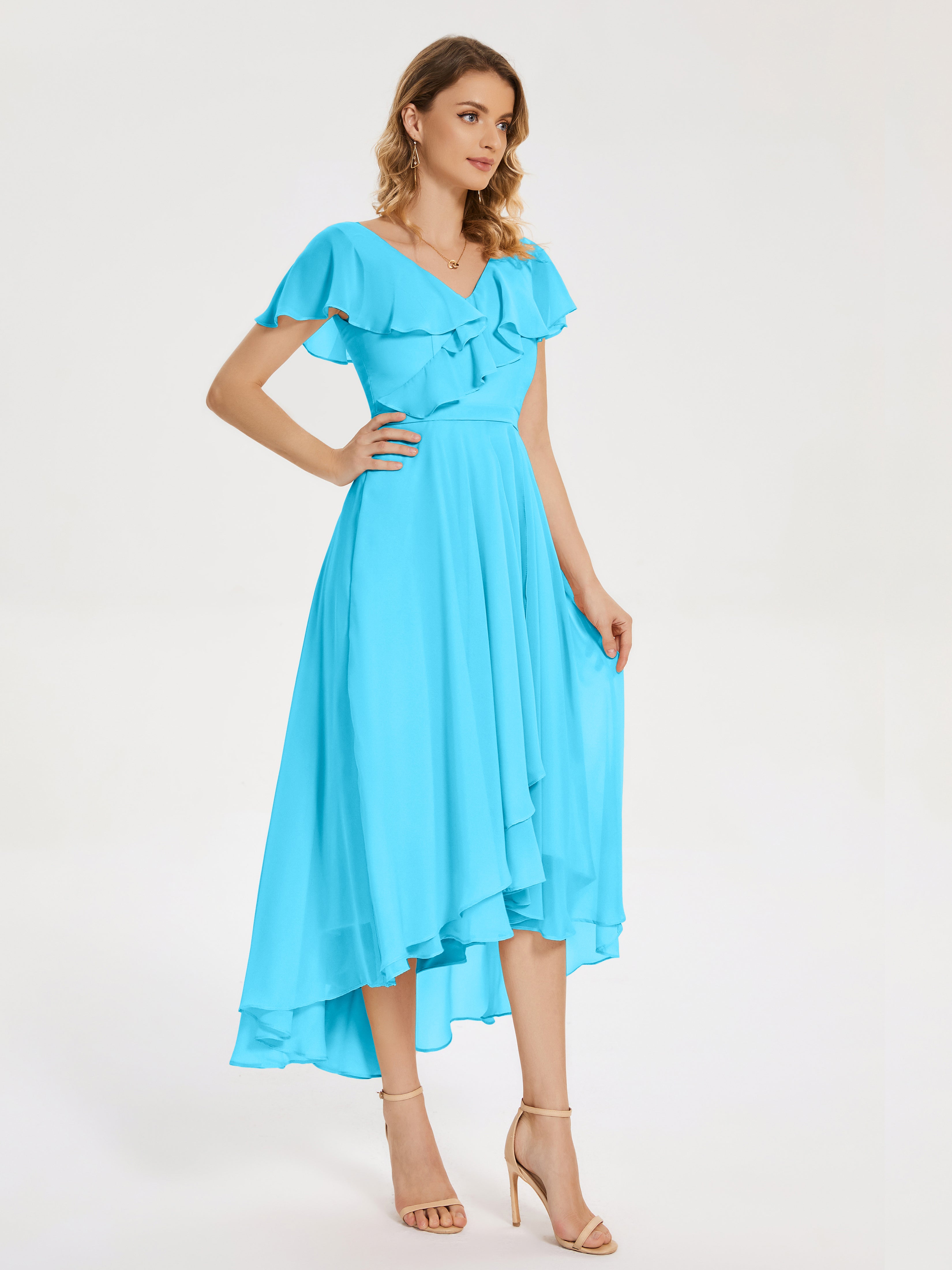 Robe De Demoiselle D'Honneur En Piscine Col V Asymétrique Robes Demoiselle D'Honneur À Volants
