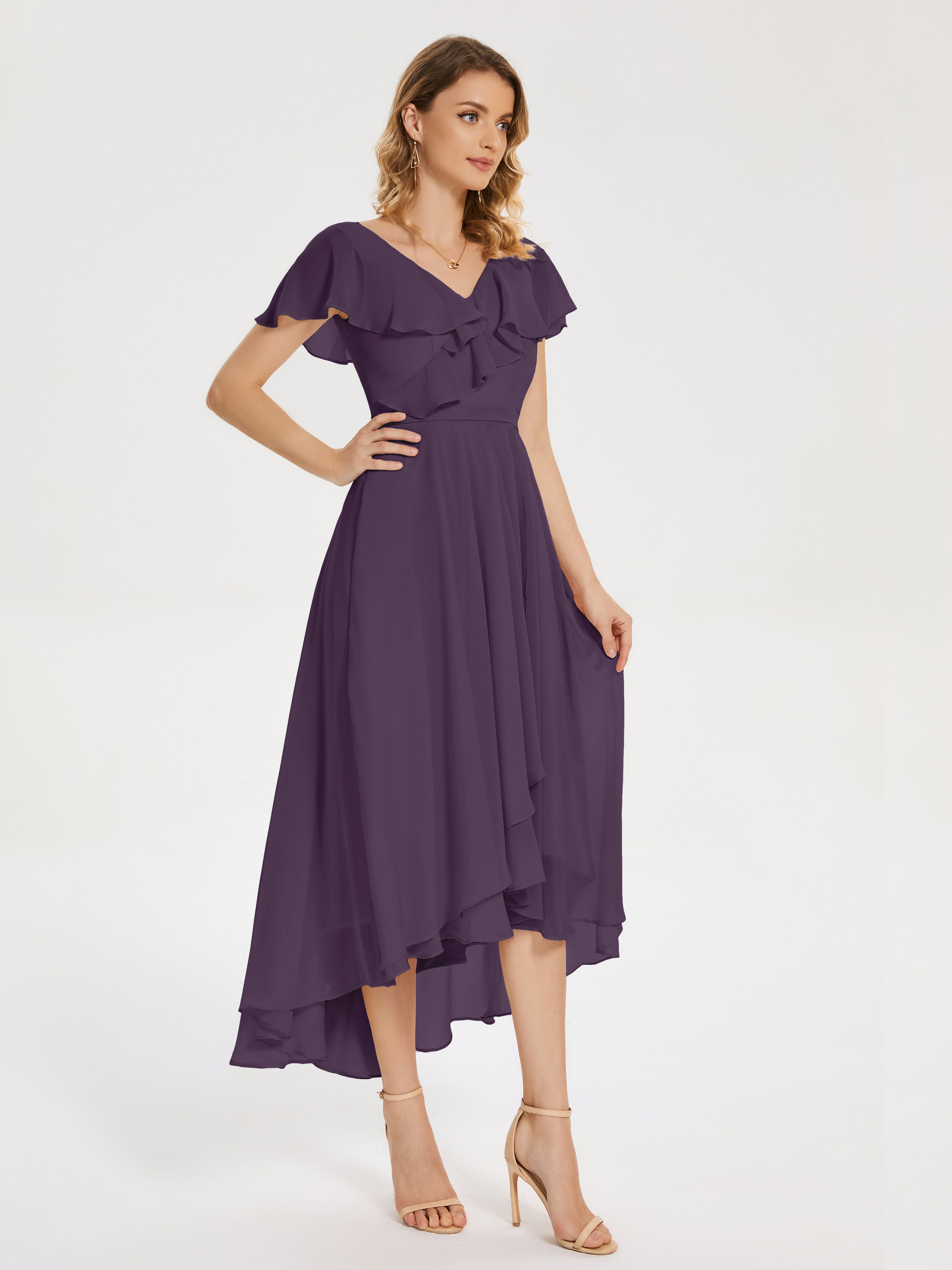 Robe Demoiselle D Honneur Plume Col V Asymétrique Robes Demoiselle D'Honneur À Volants