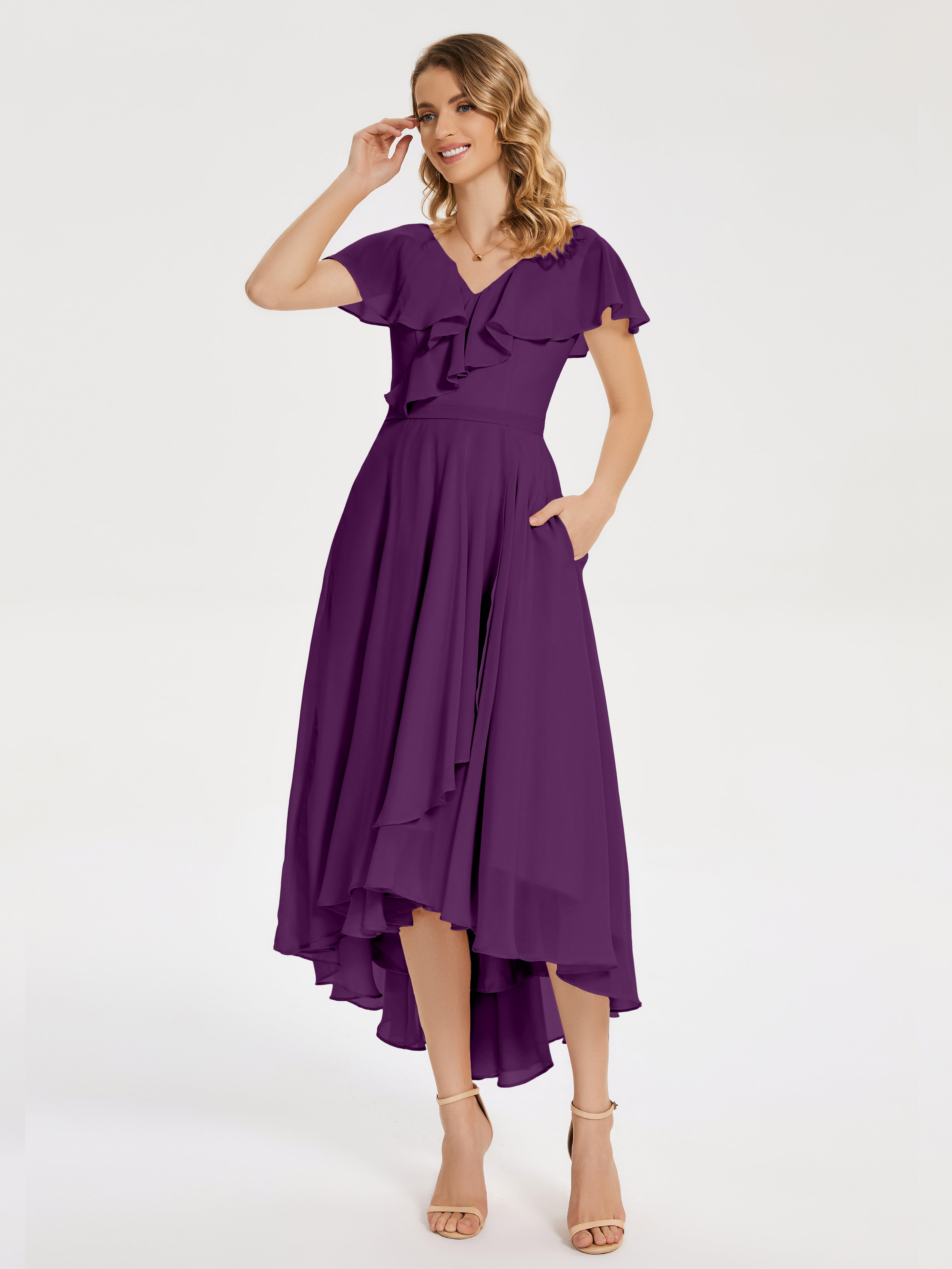Robes De Demoiselle D'Honneur En Raisin Col V Asymétrique Robes Demoiselle D'Honneur À Volants