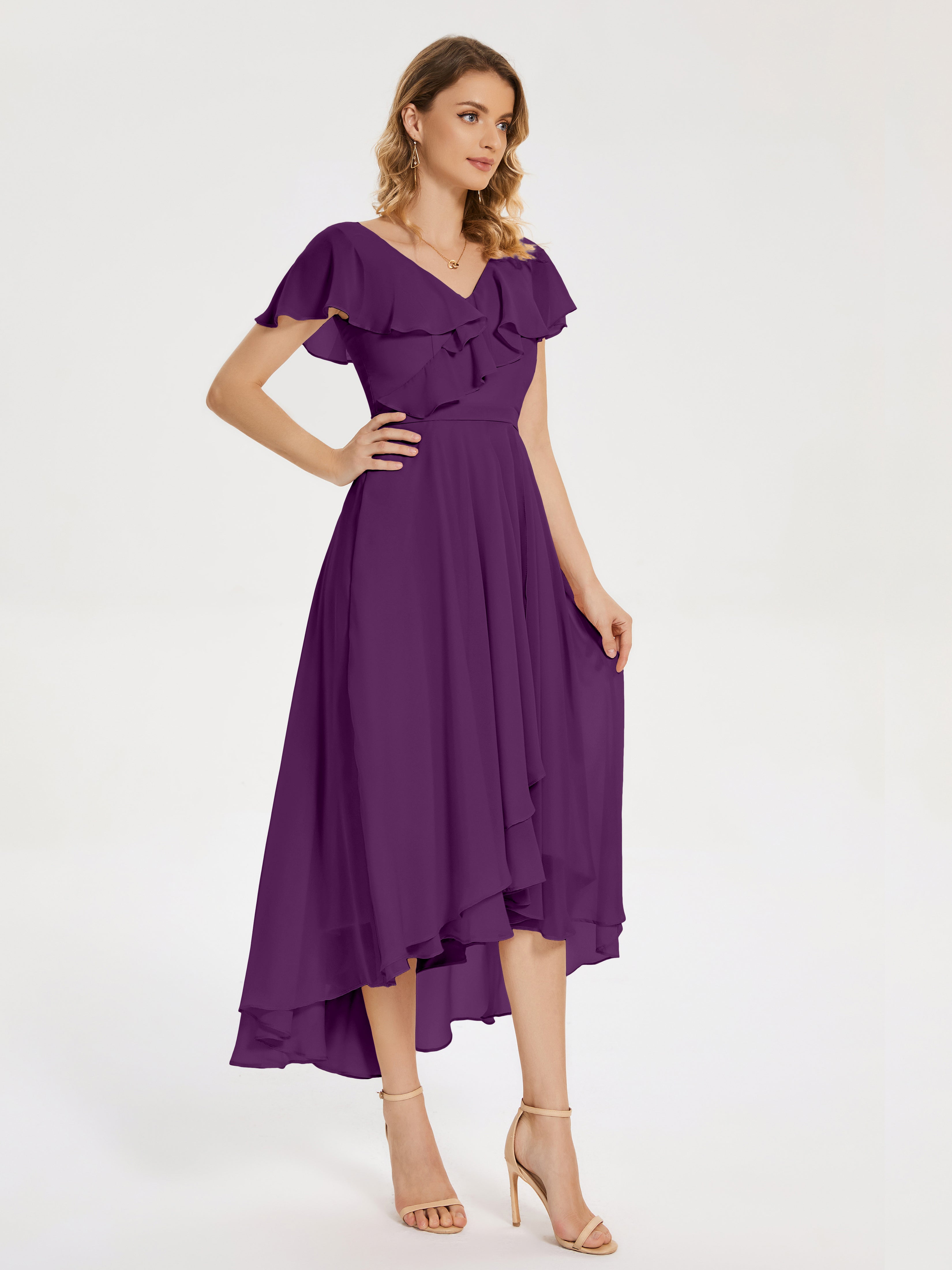 Robes De Demoiselle D'Honneur En Raisin Col V Asymétrique Robes Demoiselle D'Honneur À Volants