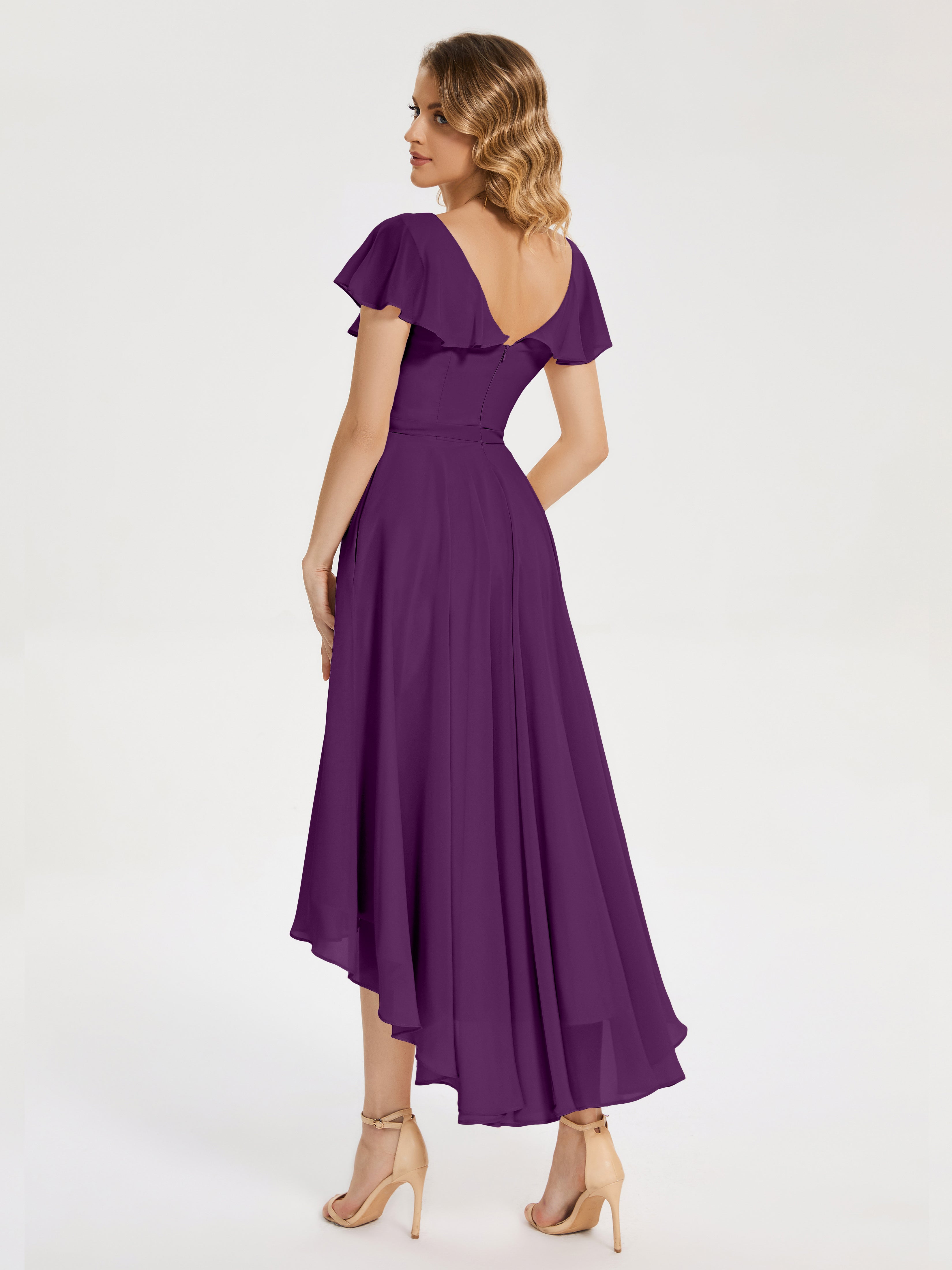 Robes De Demoiselle D'Honneur En Raisin Col V Asymétrique Robes Demoiselle D'Honneur À Volants