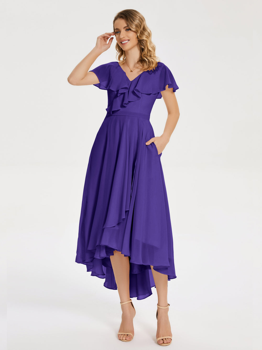 Robe Demoiselle D'honneur Ever-Pretty Satin Col V Asymétrique - Manches Courtes, Maxi, Couleurs Vert/bourgogne/beige