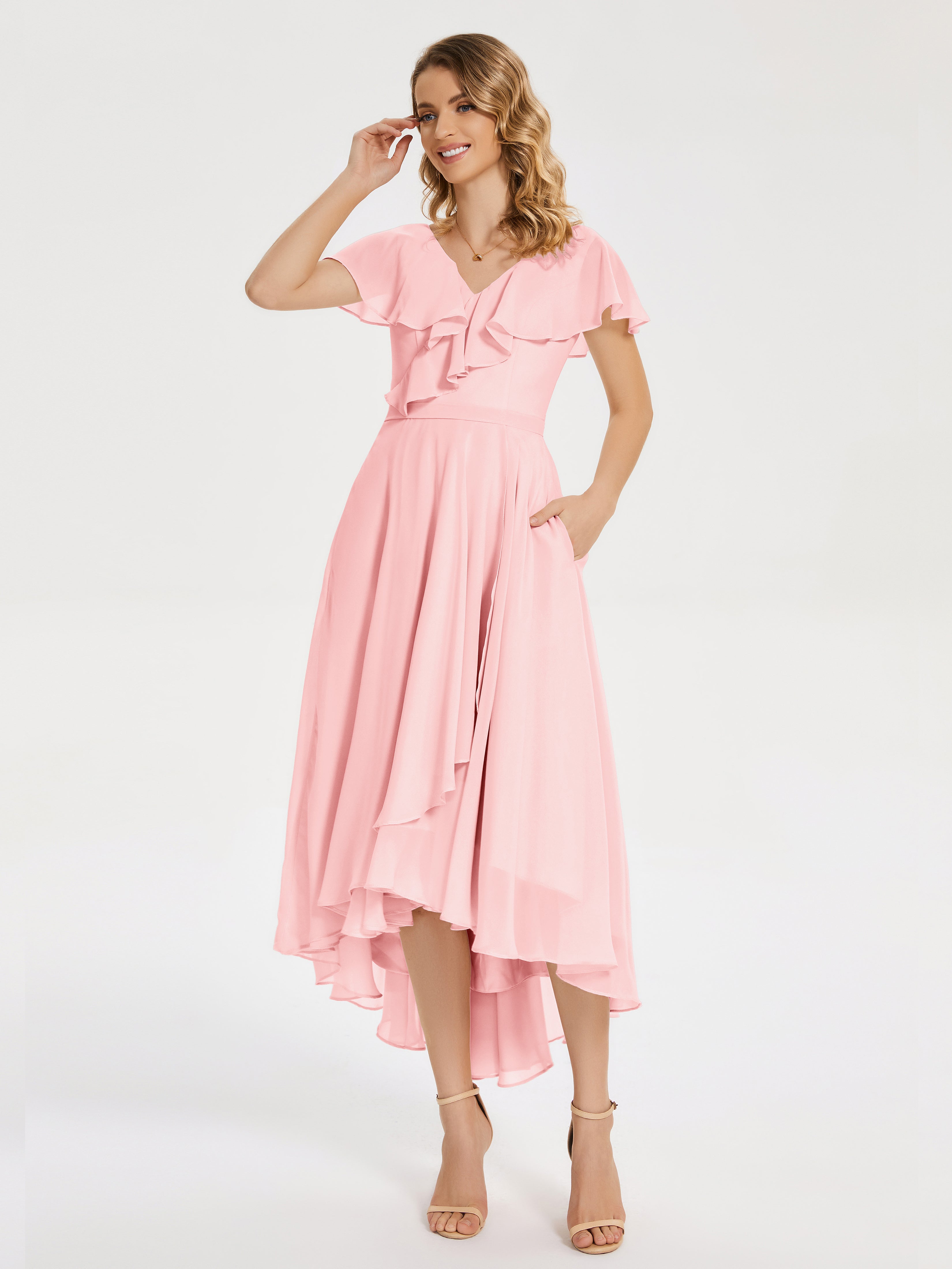 Robes De Demoiselle D'Honneur Roses Bon Marché Col V Asymétrique Robes Demoiselle D'Honneur À Volants