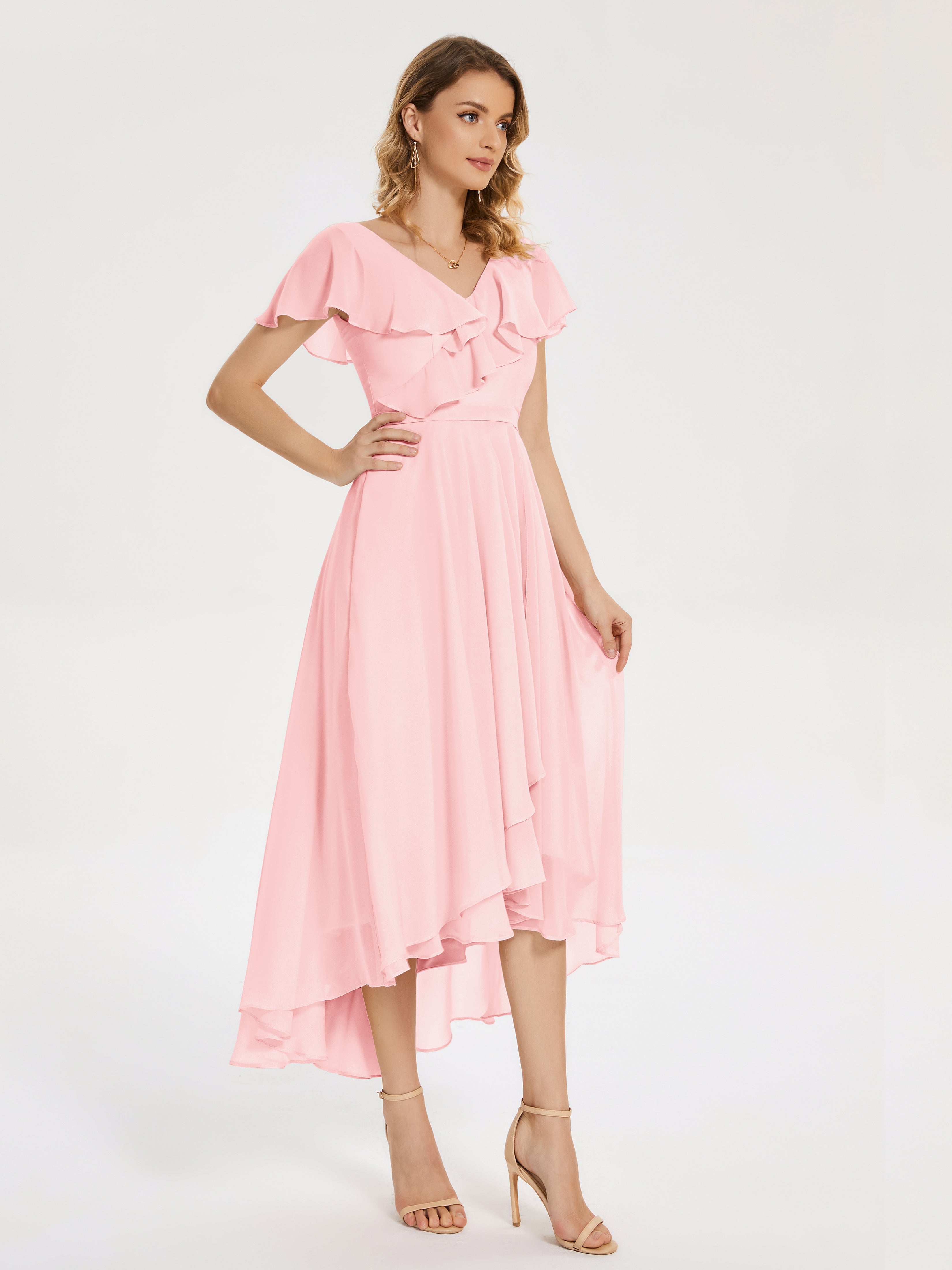 Robes De Demoiselle D'Honneur Roses Bon Marché Col V Asymétrique Robes Demoiselle D'Honneur À Volants