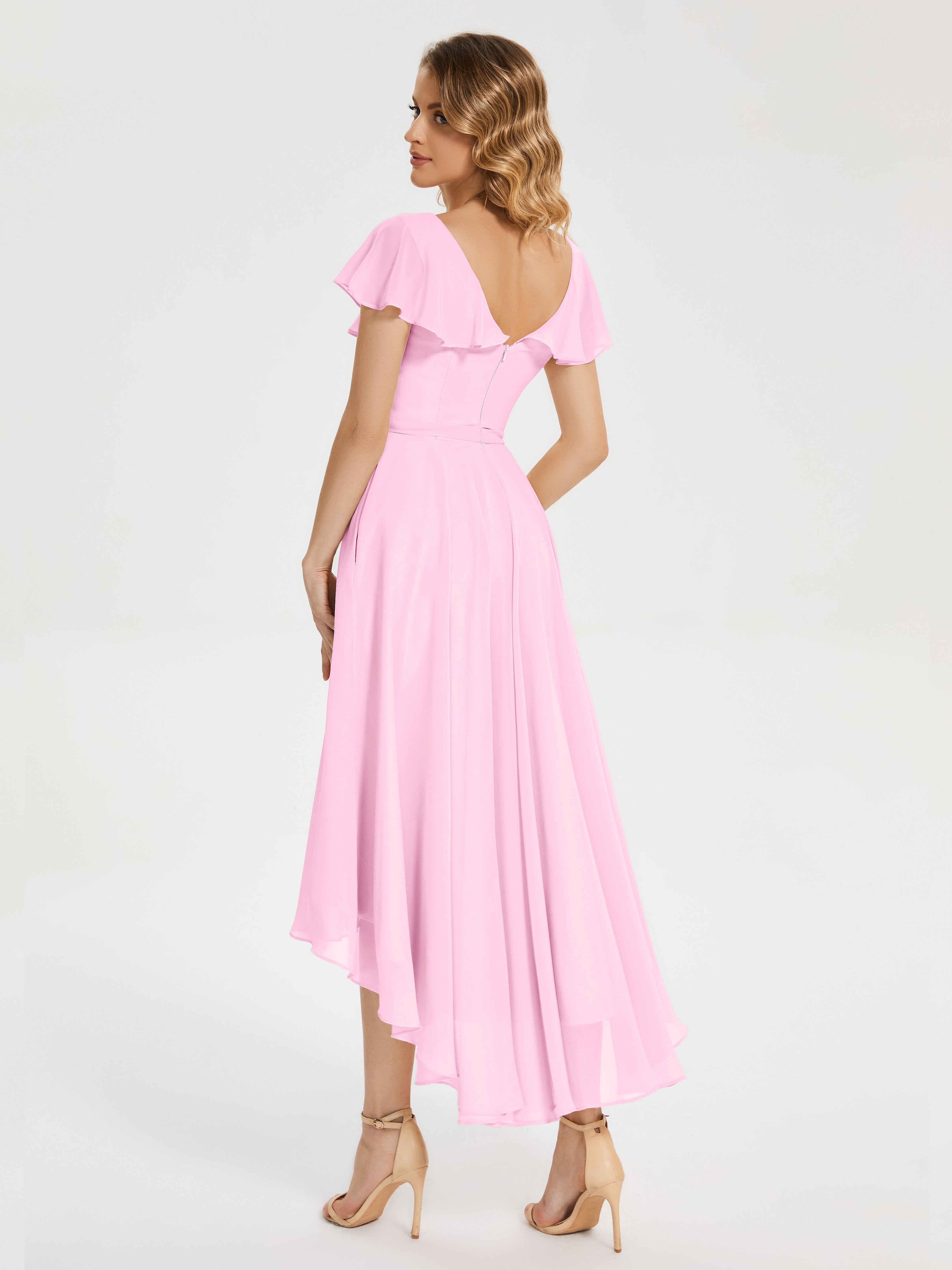 Robe Demoiselle D Honneur Rose Bonbon Col V Asymétrique Robes Demoiselle D'Honneur À Volants