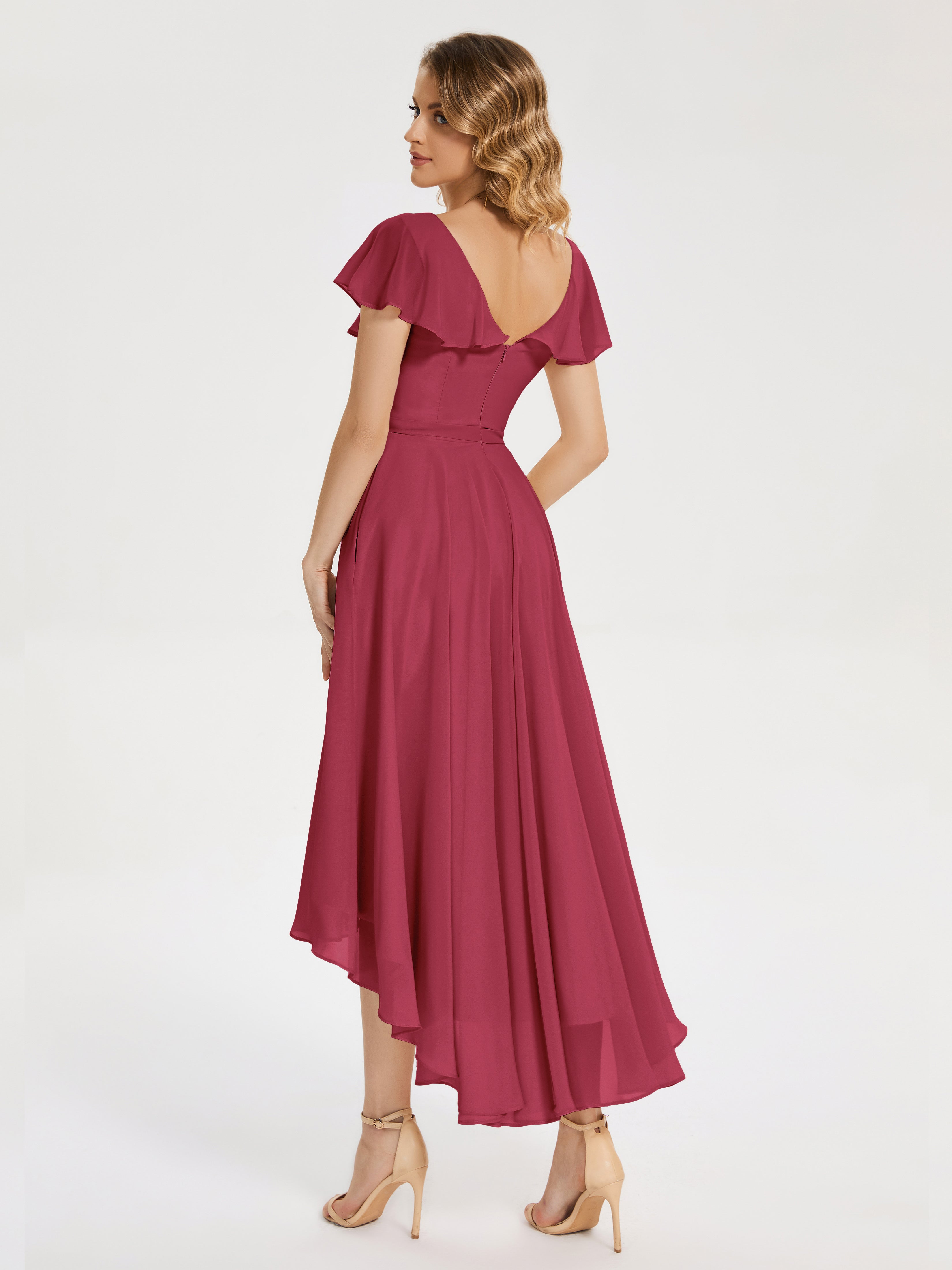 Robe Demoiselle D Honneur Rose Cannelle Col V Asymétrique Robes Demoiselle D'Honneur À Volants