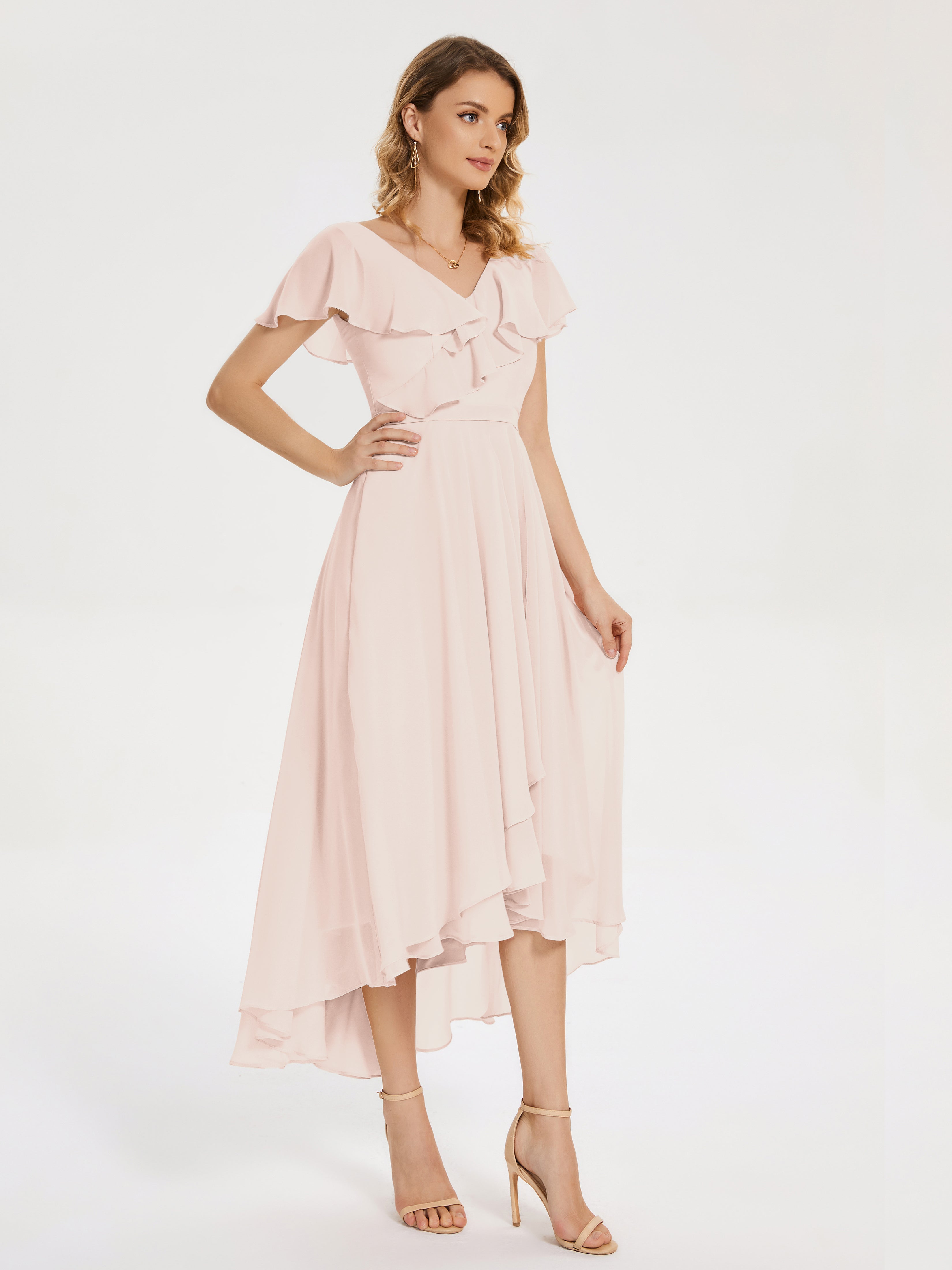 Robe Demoiselle D Honneur Rose Perle Col V Asymétrique Robes Demoiselle D'Honneur À Volants