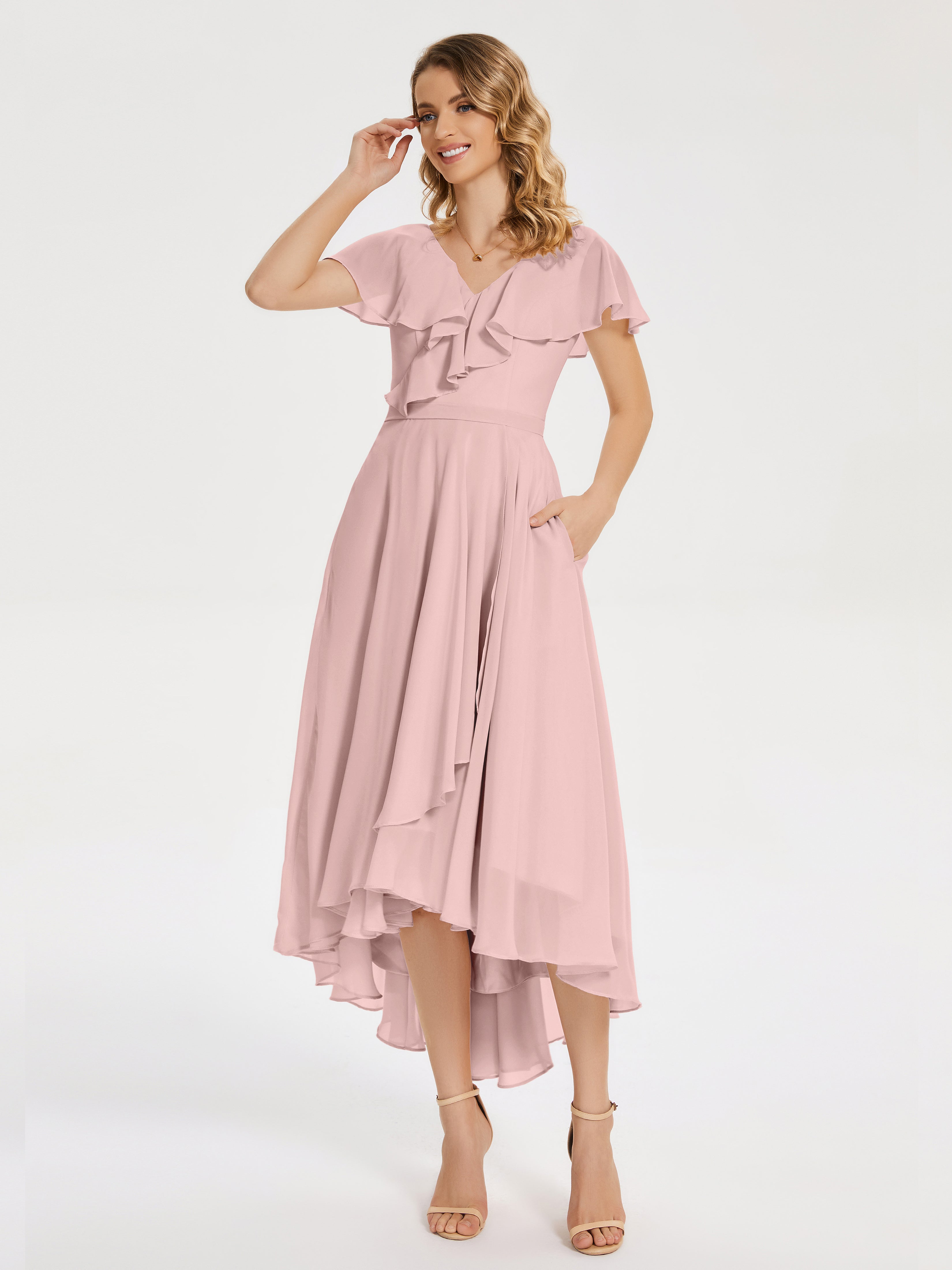 Robe Demoiselle D Honneur Rose Poudré Col V Asymétrique Robes Demoiselle D'Honneur À Volants