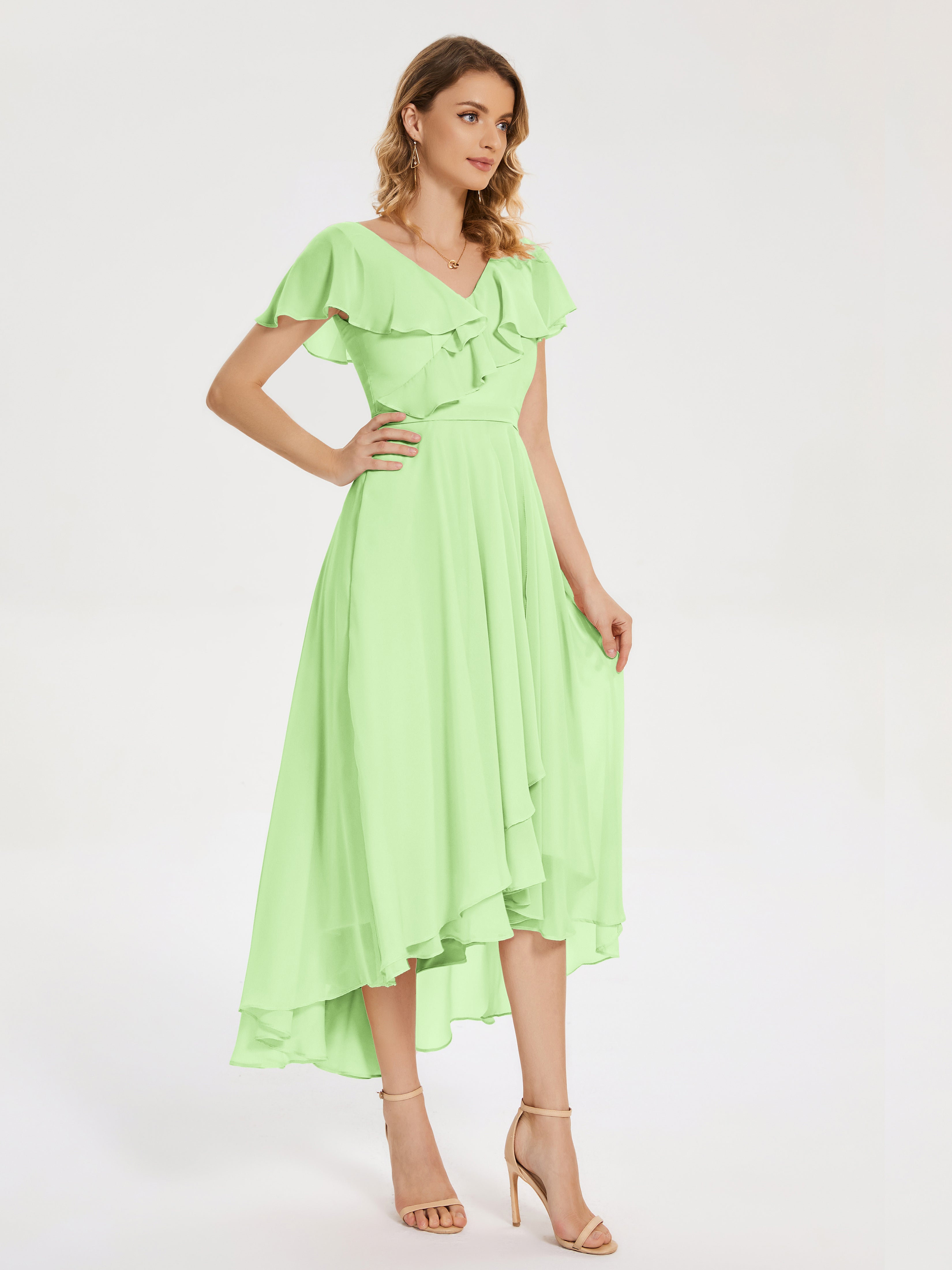 Robe De Demoiselle D Honneur Vert Sauge Col V Asymétrique Robes Demoiselle D'Honneur À Volants